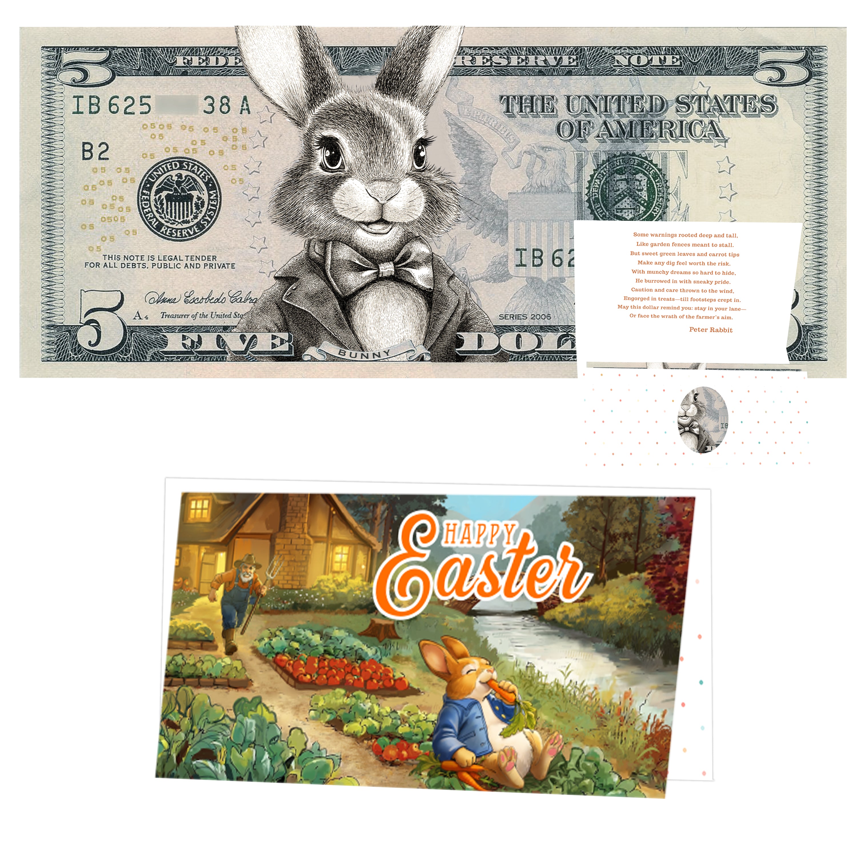 The Official Easter Bunny Dollar Bill with Easter Greeting Card Currency Holder. Real 5.0 USD. Bankable & Spendable. Easter Basket Stuffer/Filler. Bunny Bucks - Bunny Money