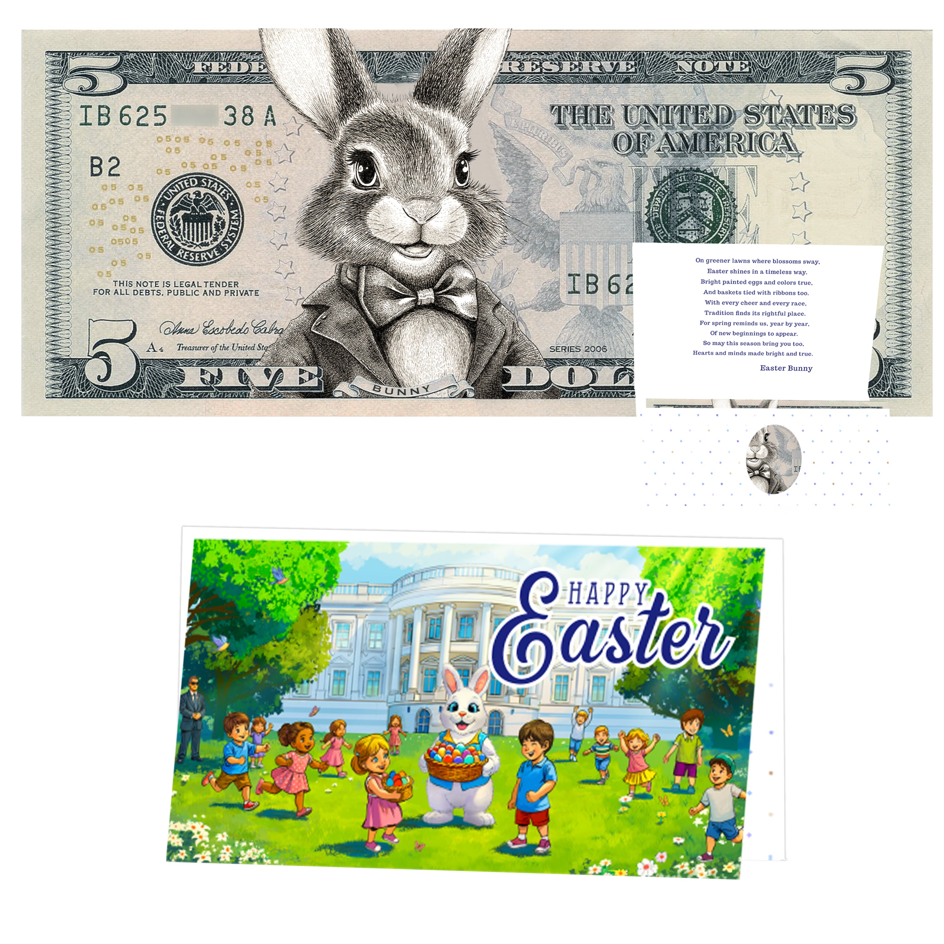 The Official Easter Bunny Dollar Bill with Easter Greeting Card Currency Holder. Real 5.0 USD. Bankable & Spendable. Easter Basket Stuffer/Filler. Bunny Bucks - Bunny Money
