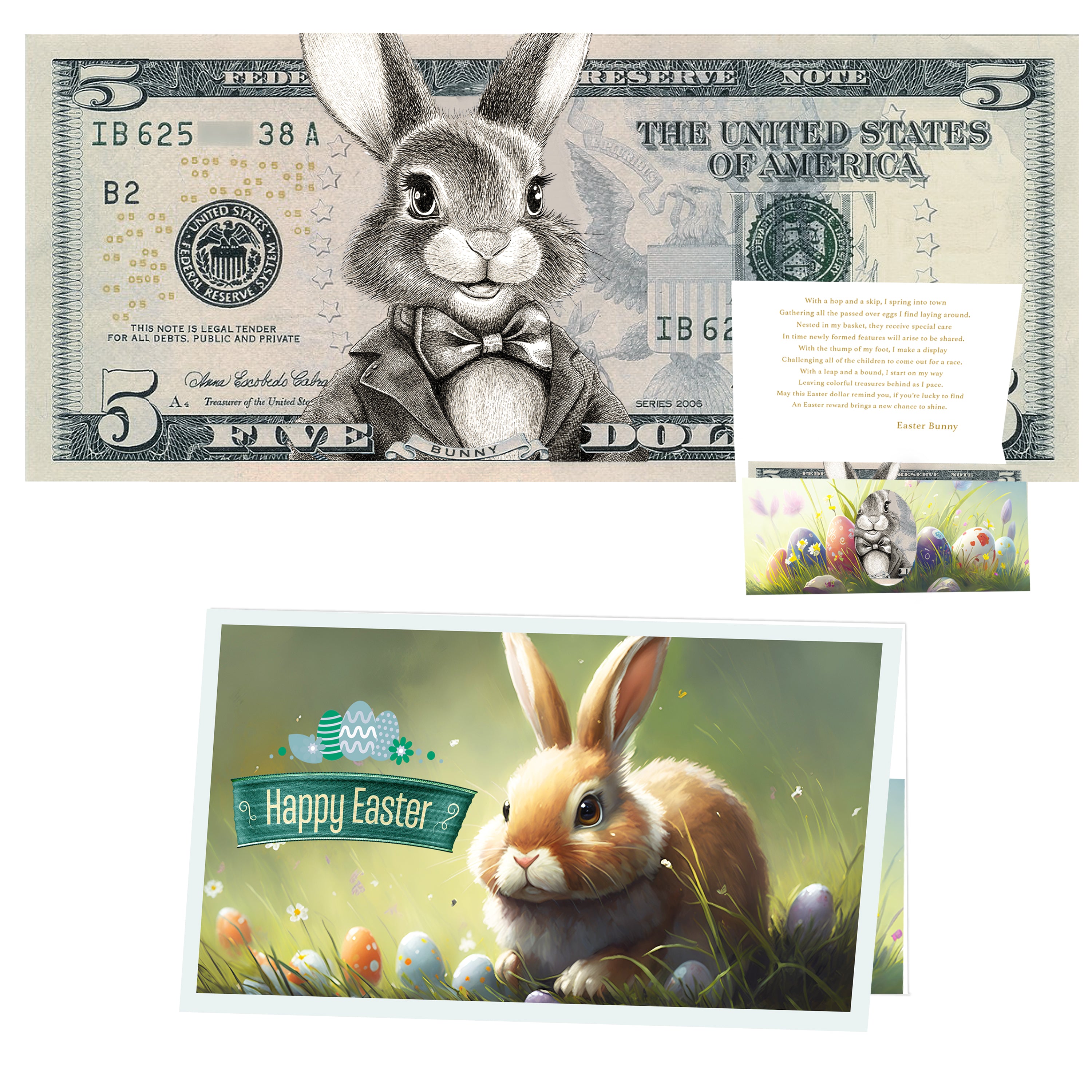 The Official Easter Bunny Dollar Bill with Easter Greeting Card Currency Holder. Real 5.0 USD. Bankable & Spendable. Easter Basket Stuffer/Filler. Bunny Bucks - Bunny Money