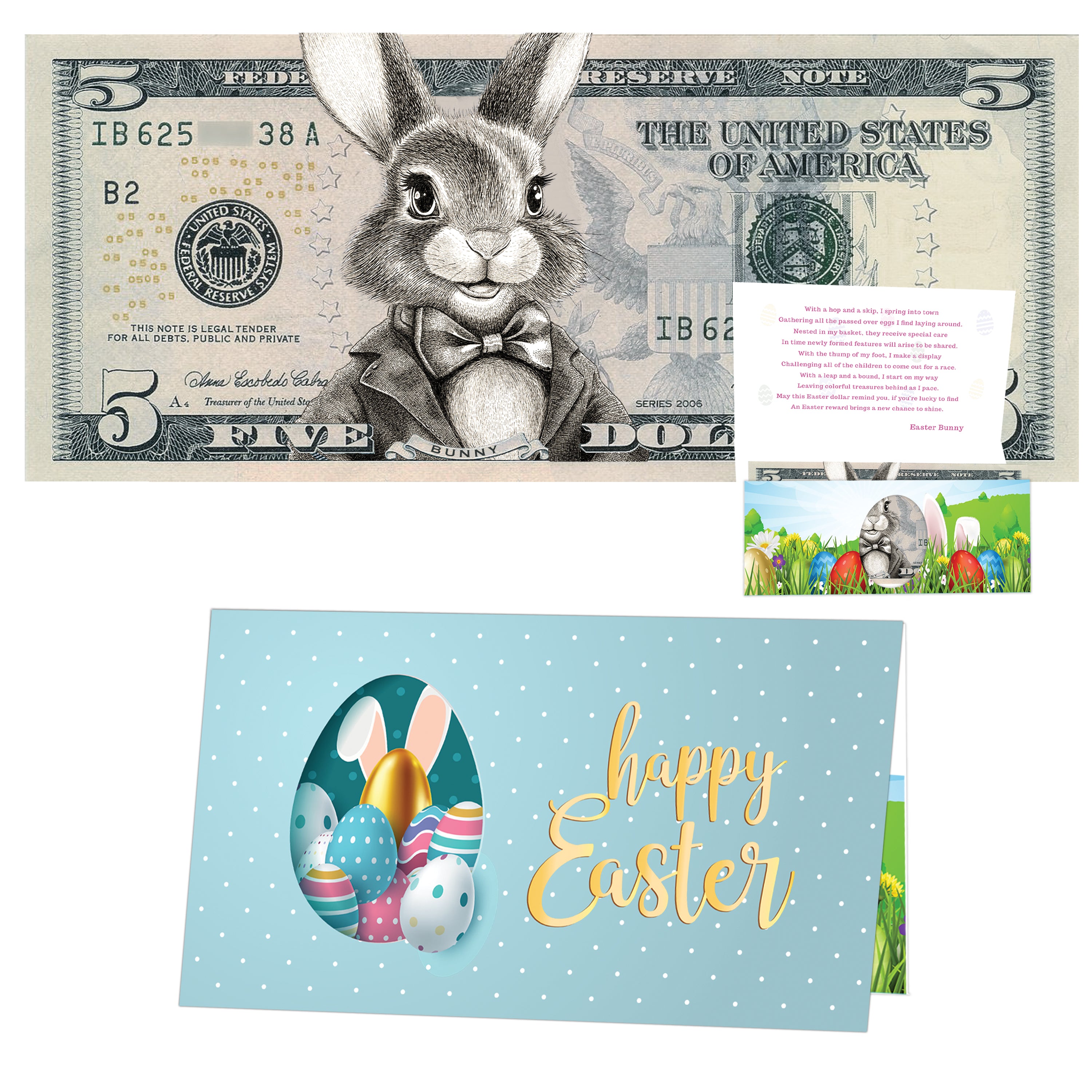 The Official Easter Bunny Dollar Bill with Easter Greeting Card Currency Holder. Real 5.0 USD. Bankable & Spendable. Easter Basket Stuffer/Filler. Bunny Bucks - Bunny Money