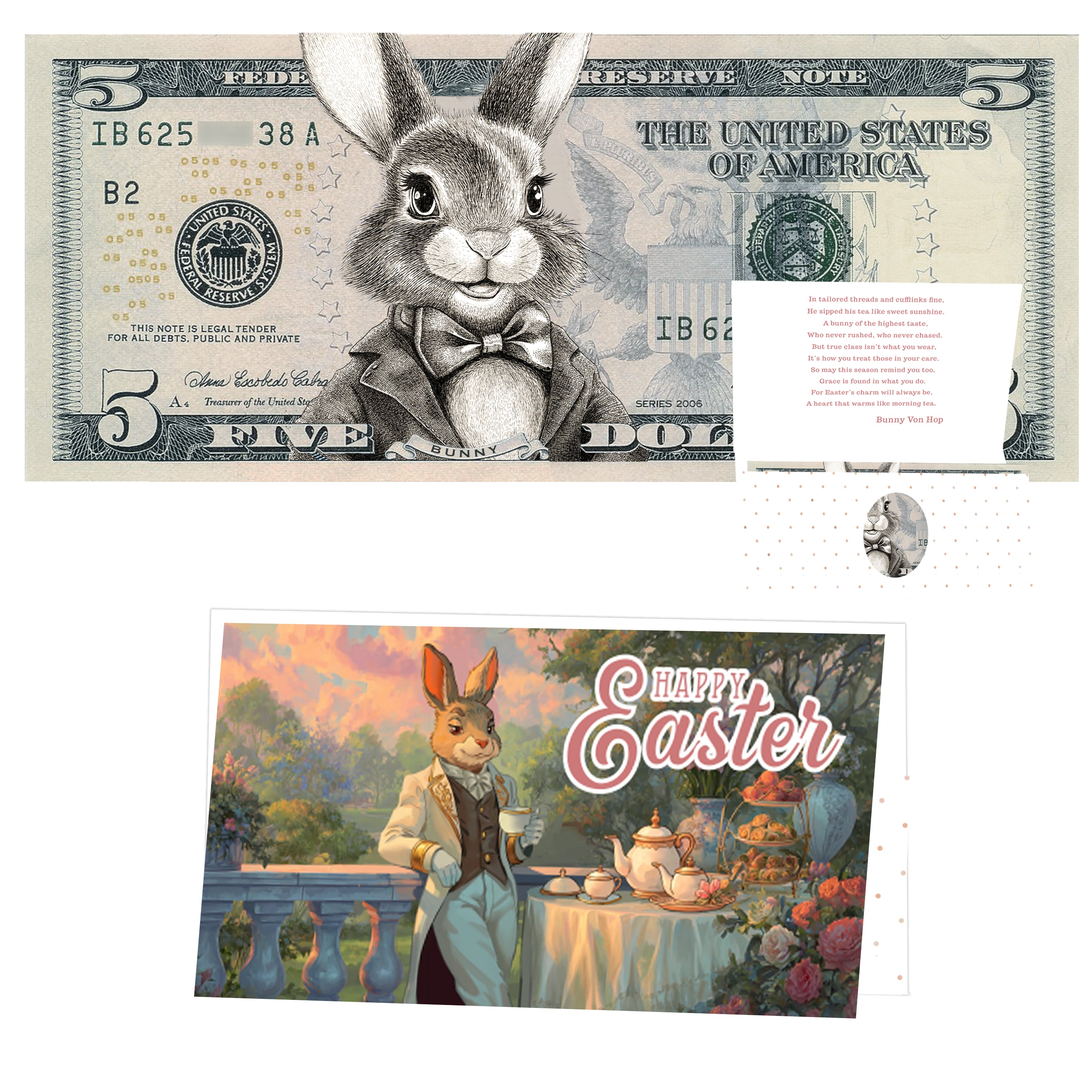 The Official Easter Bunny Dollar Bill with Easter Greeting Card Currency Holder. Real 5.0 USD. Bankable & Spendable. Easter Basket Stuffer/Filler. Bunny Bucks - Bunny Money