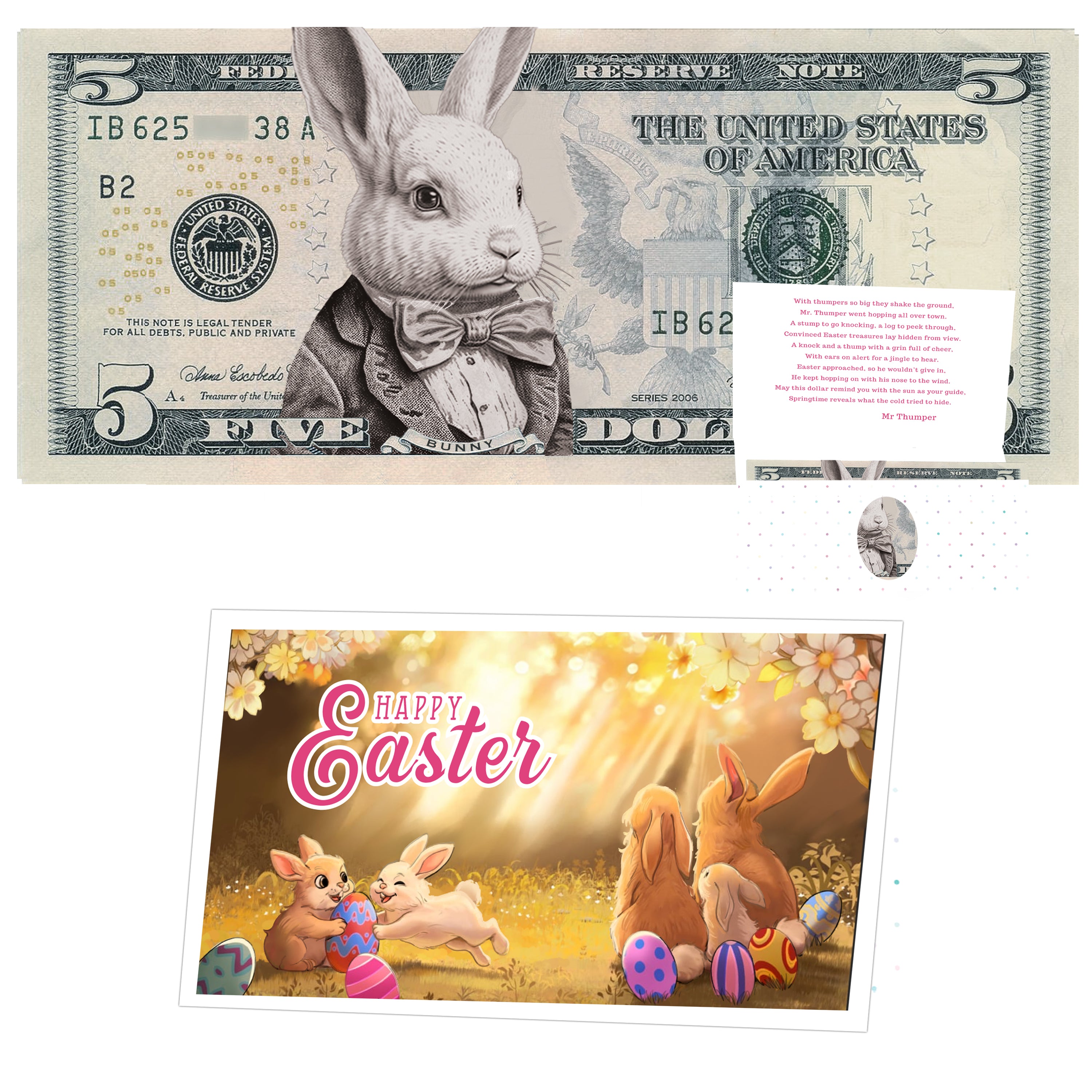 The Official Easter Bunny Dollar Bill with Easter Greeting Card Currency Holder. Real 5.0 USD. Bankable & Spendable. Easter Basket Stuffer/Filler. Bunny Bucks - Bunny Money