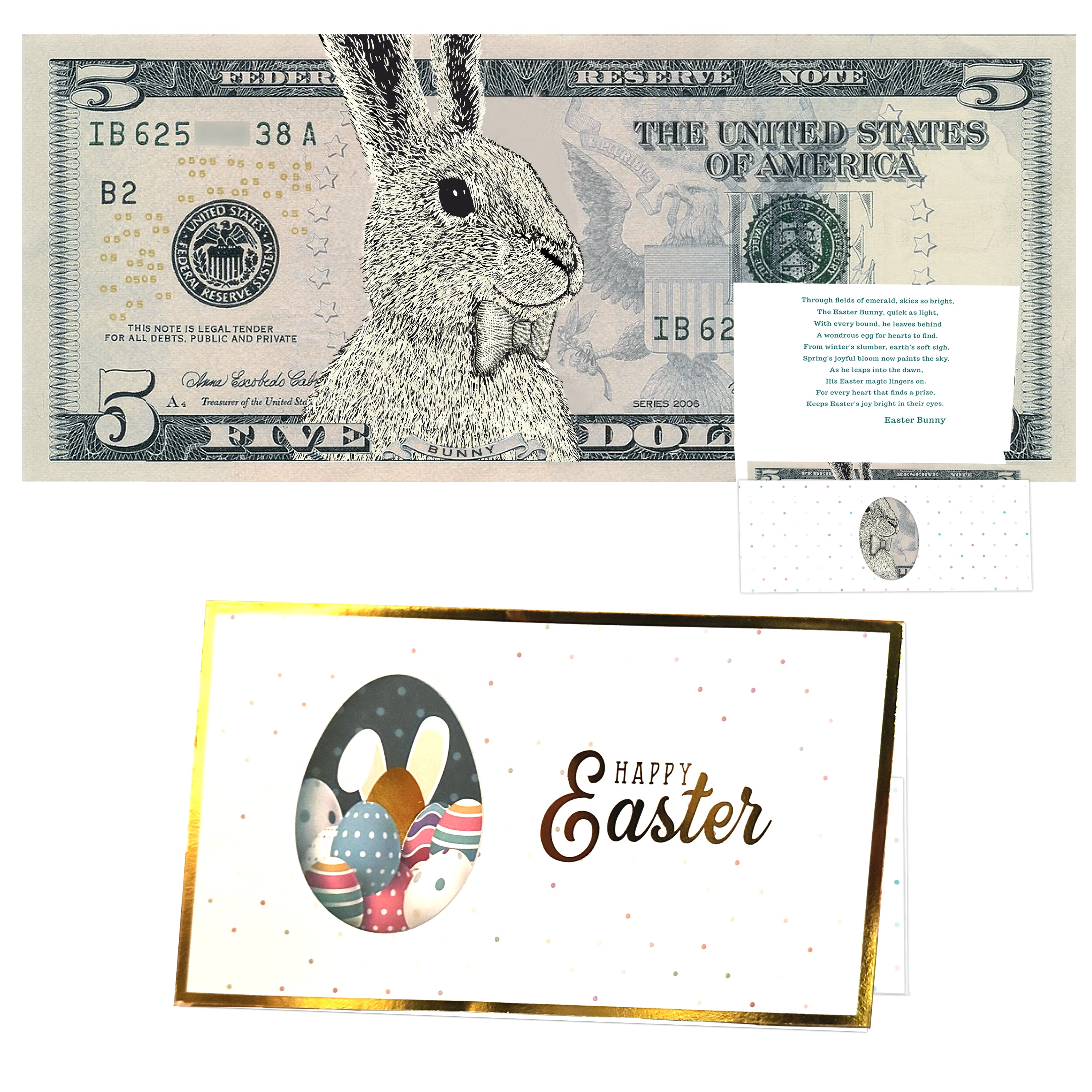 The Official Easter Bunny Dollar Bill with Easter Greeting Card Currency Holder. Real 5.0 USD. Bankable & Spendable. Easter Basket Stuffer/Filler. Bunny Bucks - Bunny Money