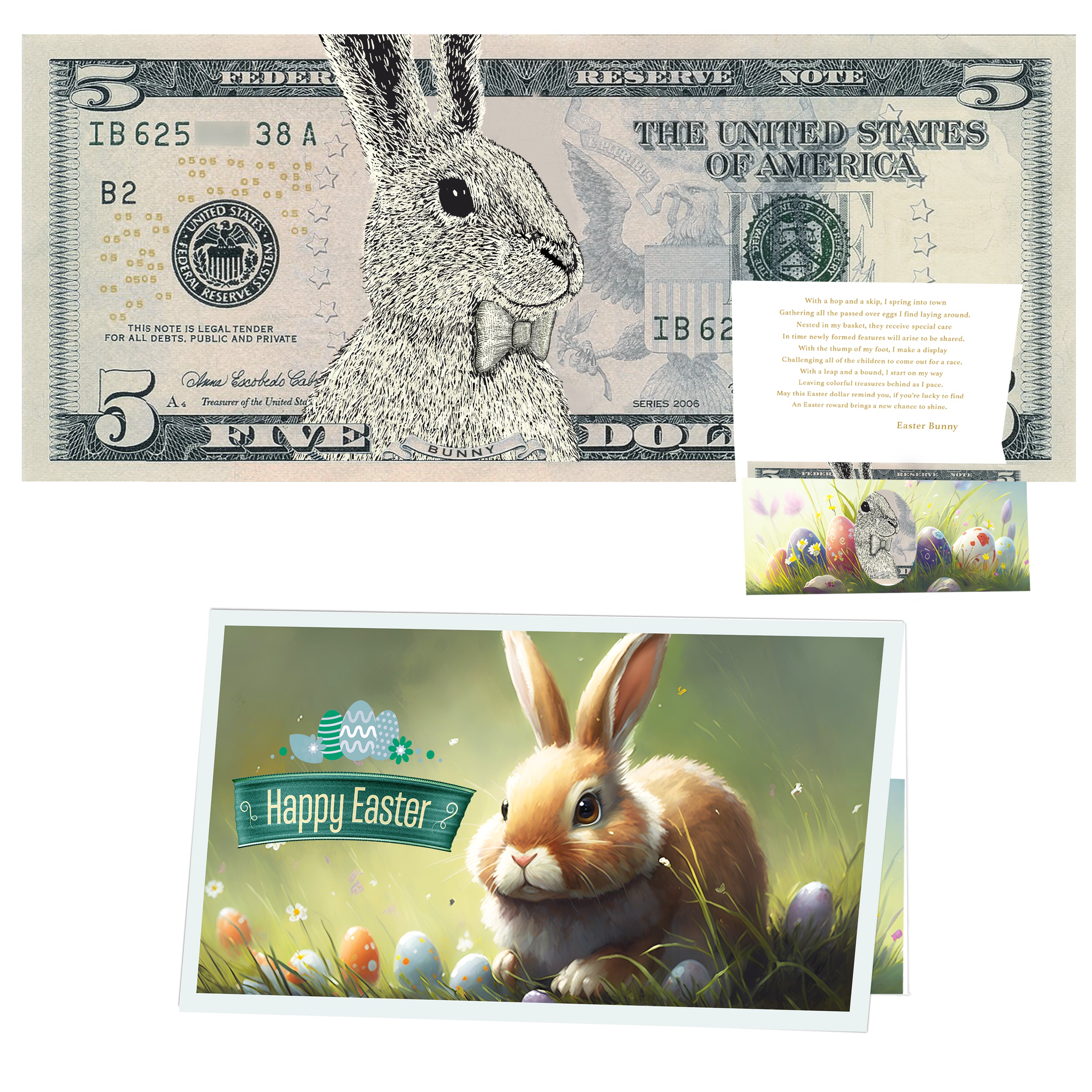 The Official Easter Bunny Dollar Bill with Easter Greeting Card Currency Holder. Real 5.0 USD. Bankable & Spendable. Easter Basket Stuffer/Filler. Bunny Bucks - Bunny Money