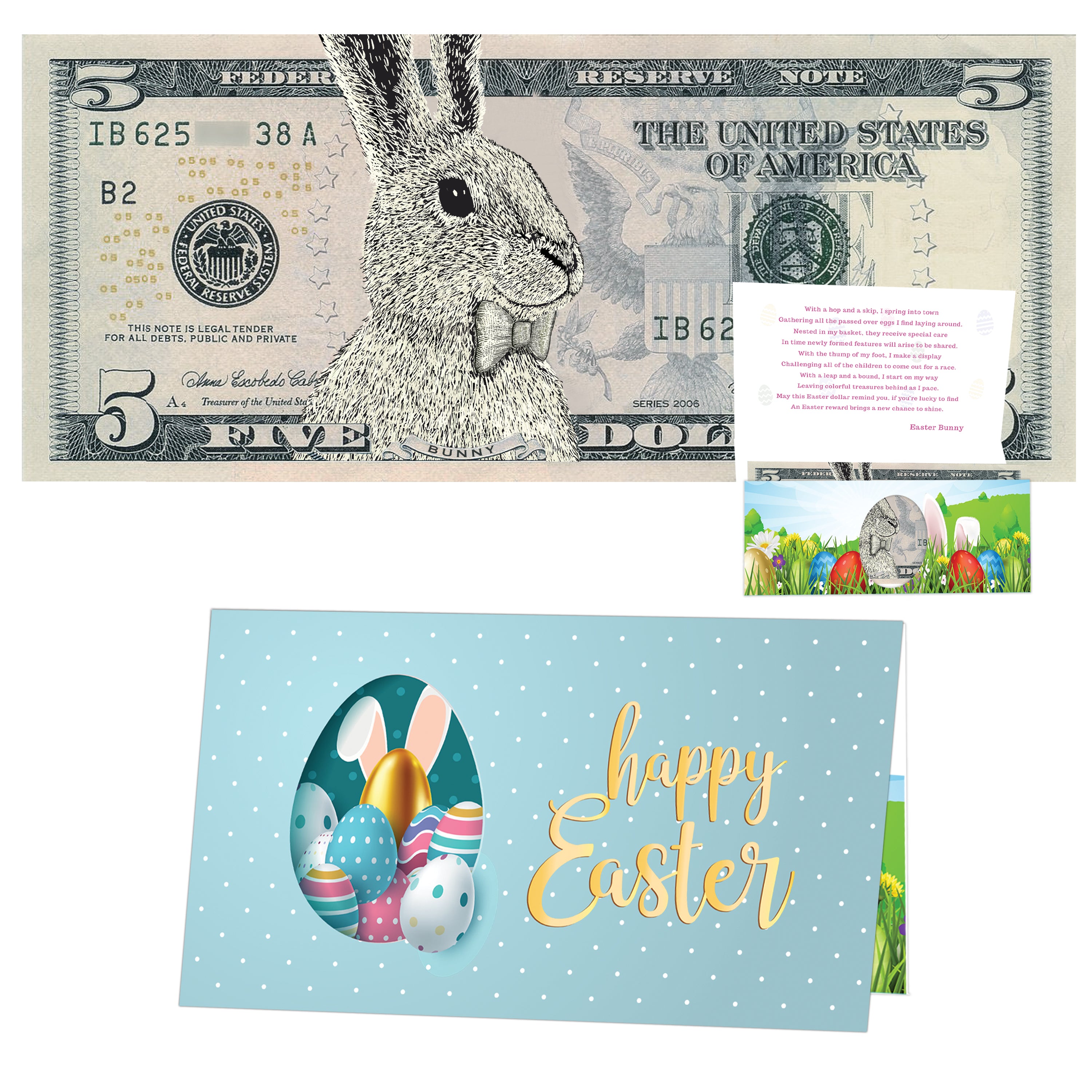 The Official Easter Bunny Dollar Bill with Easter Greeting Card Currency Holder. Real 5.0 USD. Bankable & Spendable. Easter Basket Stuffer/Filler. Bunny Bucks - Bunny Money
