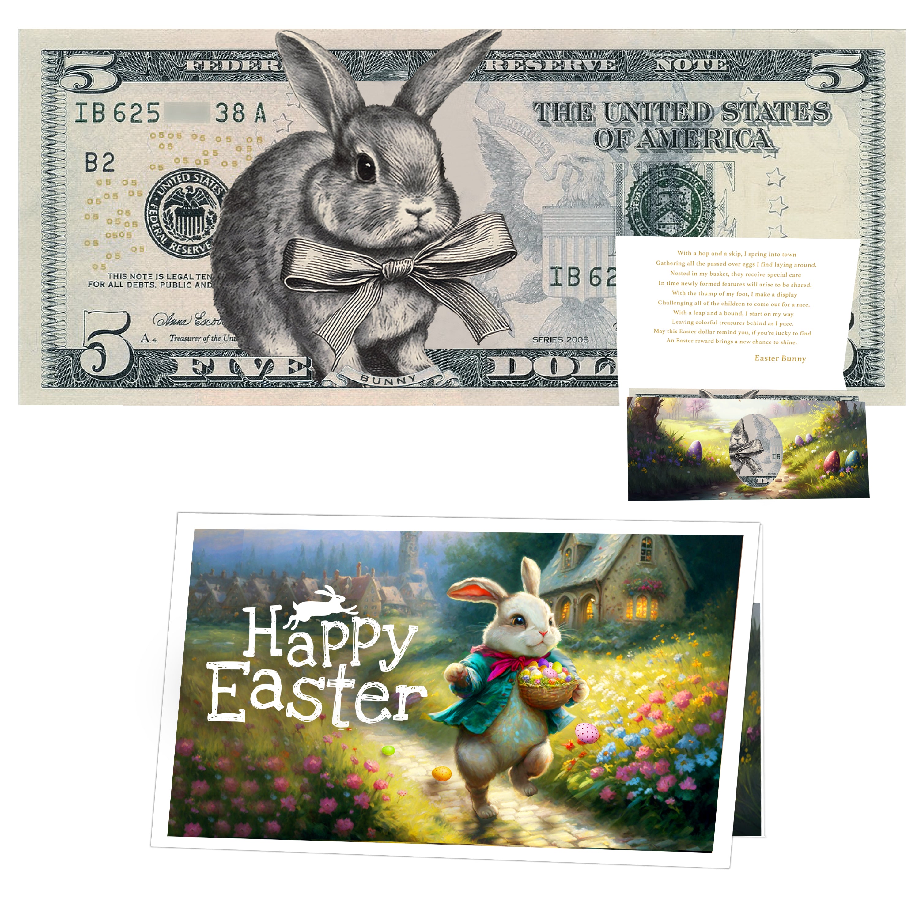 The Official Easter Bunny Dollar Bill with Easter Greeting Card Currency Holder. Real 5.0 USD. Bankable & Spendable. Easter Basket Stuffer/Filler. Bunny Bucks - Bunny Money