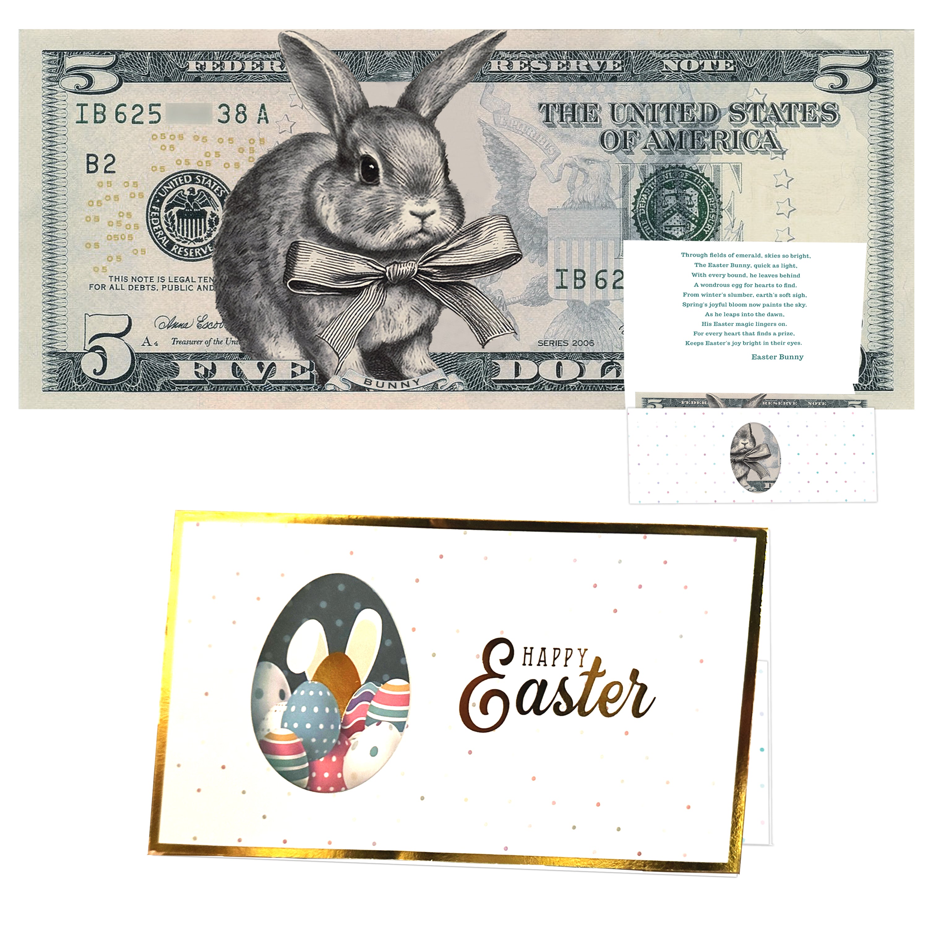 The Official Easter Bunny Dollar Bill with Easter Greeting Card Currency Holder. Real 5.0 USD. Bankable & Spendable. Easter Basket Stuffer/Filler. Bunny Bucks - Bunny Money