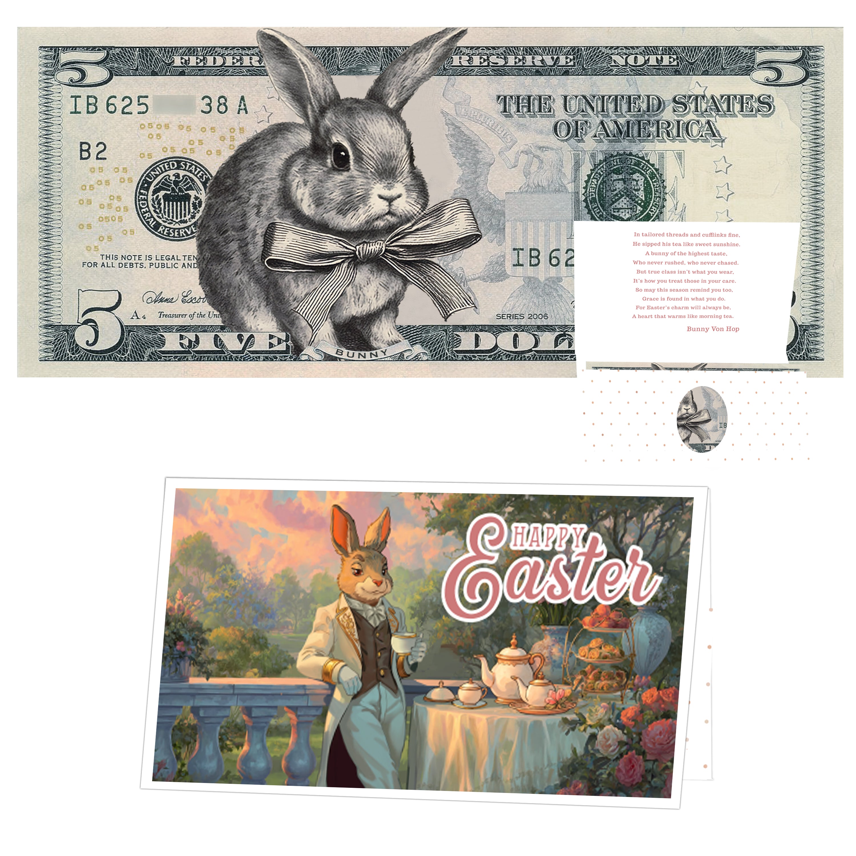 The Official Easter Bunny Dollar Bill with Easter Greeting Card Currency Holder. Real 5.0 USD. Bankable & Spendable. Easter Basket Stuffer/Filler. Bunny Bucks - Bunny Money