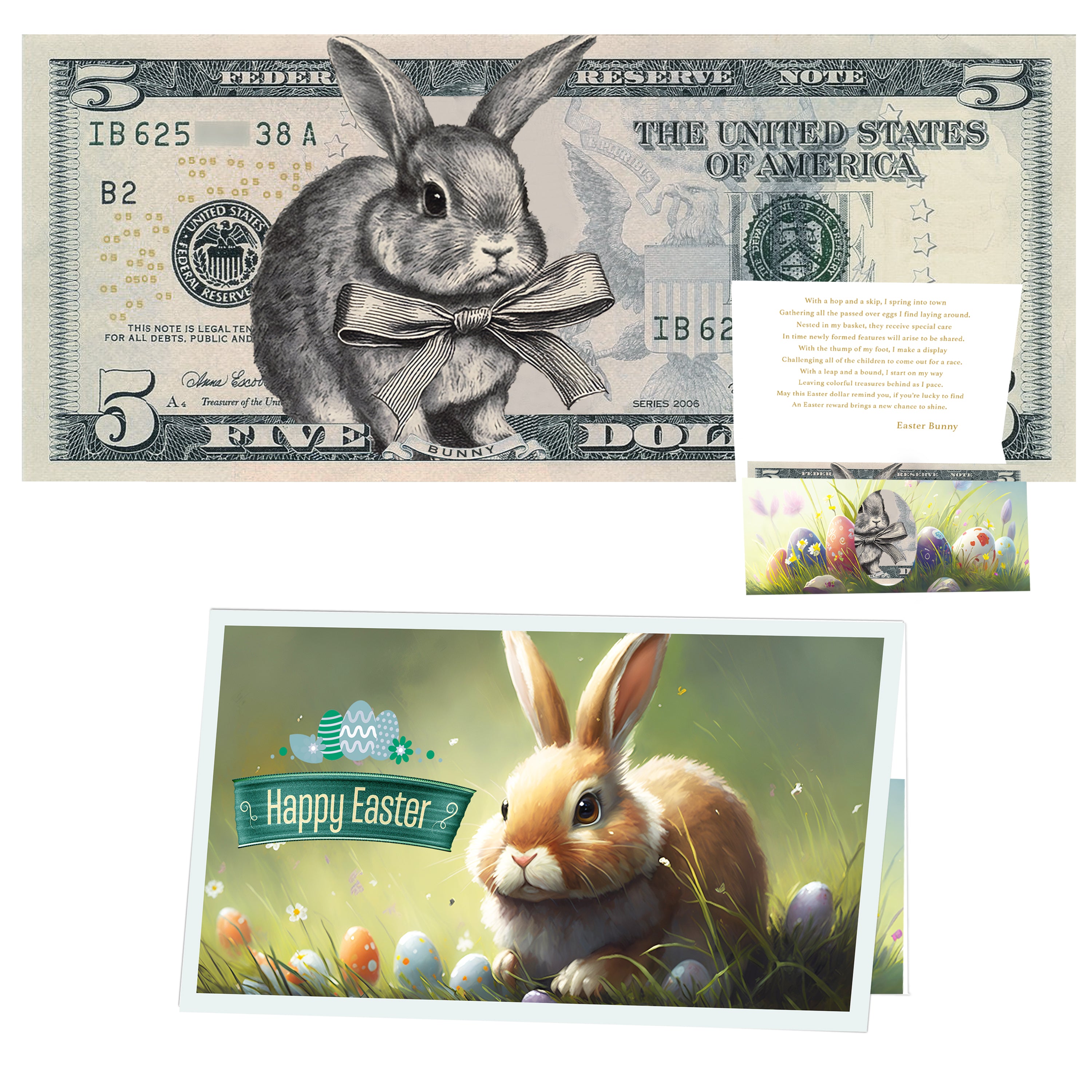 The Official Easter Bunny Dollar Bill with Easter Greeting Card Currency Holder. Real 5.0 USD. Bankable & Spendable. Easter Basket Stuffer/Filler. Bunny Bucks - Bunny Money