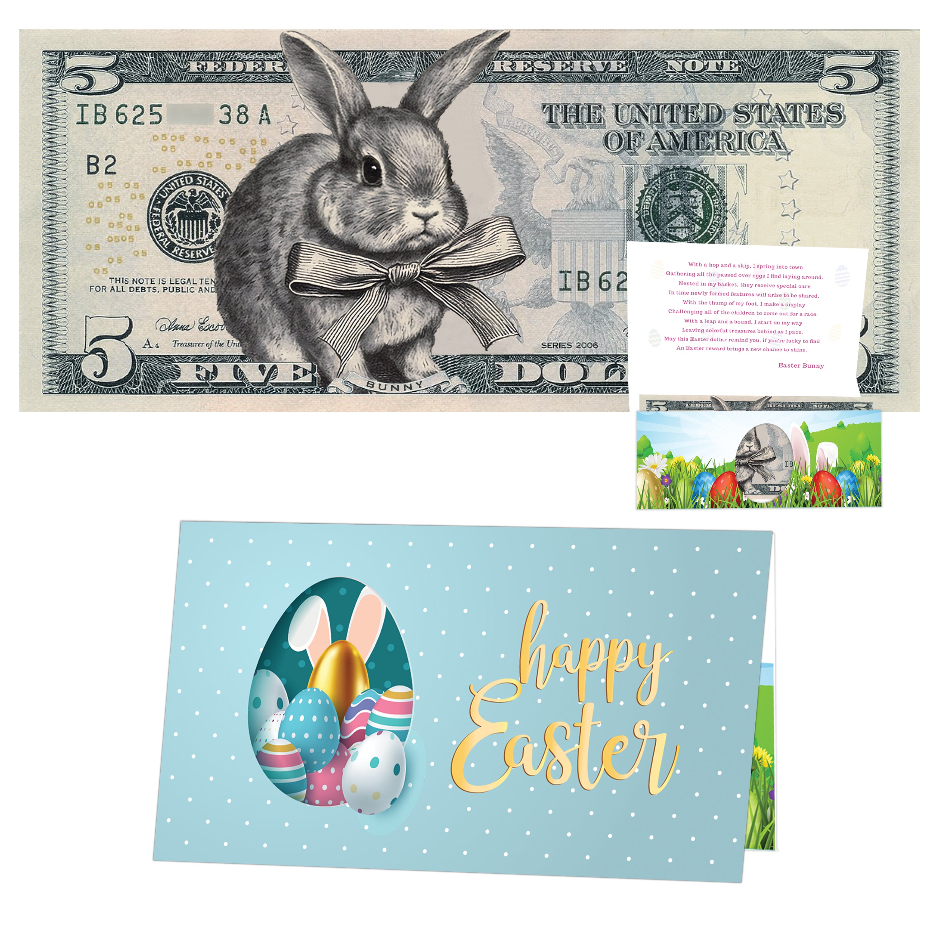 The Official Easter Bunny Dollar Bill with Easter Greeting Card Currency Holder. Real 5.0 USD. Bankable & Spendable. Easter Basket Stuffer/Filler. Bunny Bucks - Bunny Money