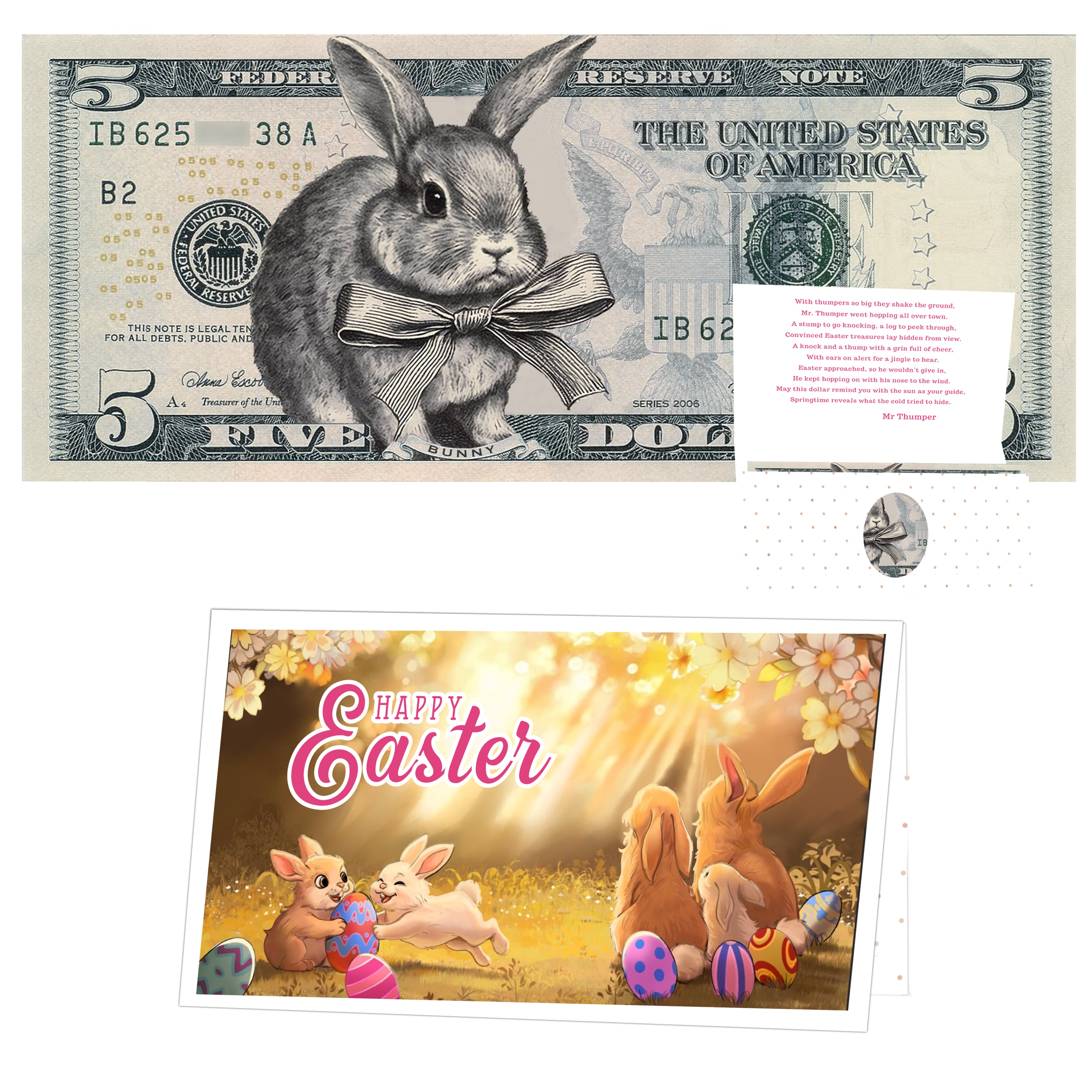 The Official Easter Bunny Dollar Bill with Easter Greeting Card Currency Holder. Real 5.0 USD. Bankable & Spendable. Easter Basket Stuffer/Filler. Bunny Bucks - Bunny Money