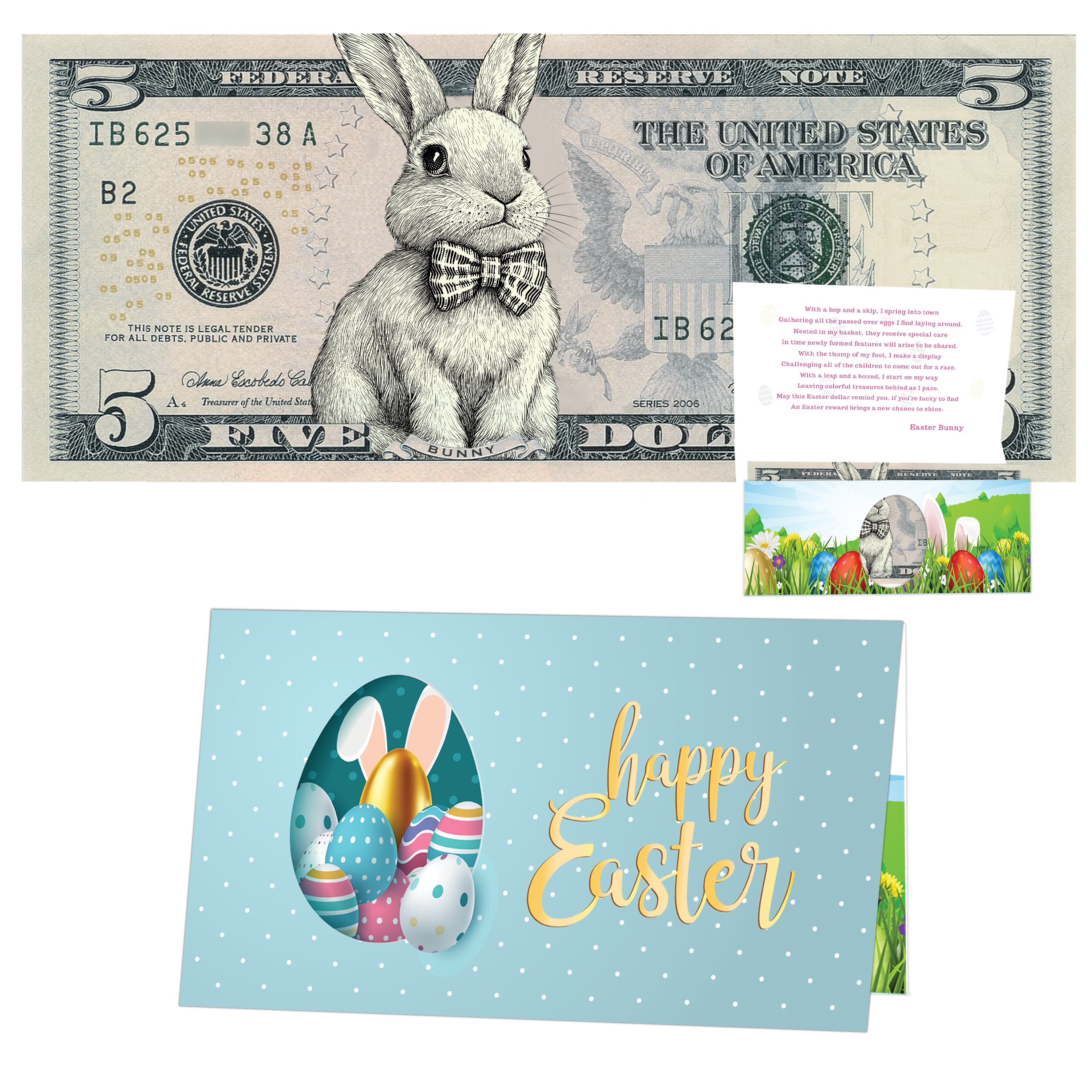 The Official Easter Bunny Dollar Bill with Easter Greeting Card Currency Holder. Real 5.0 USD. Bankable & Spendable. Easter Basket Stuffer/Filler. Bunny Bucks - Bunny Money
