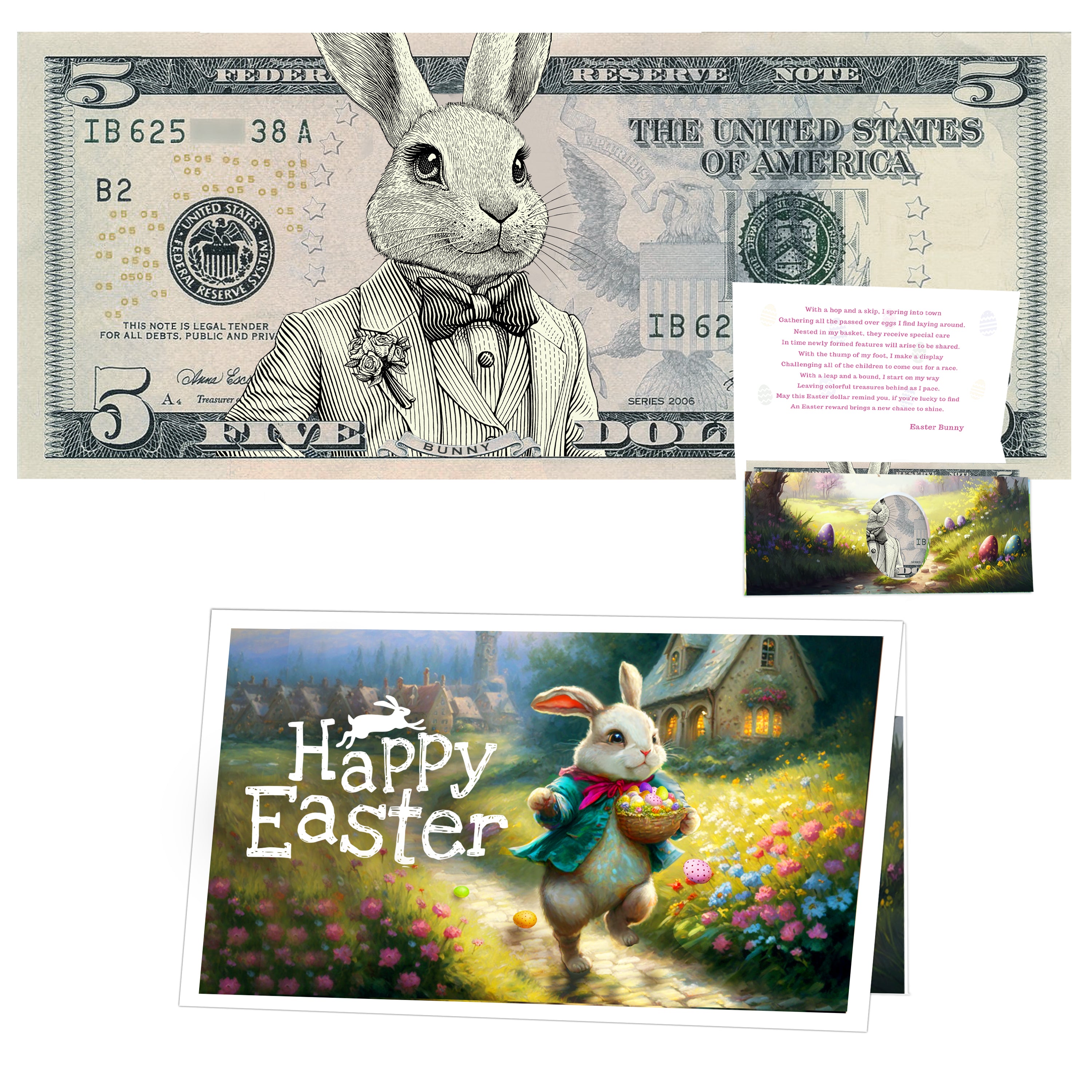 The Official Easter Bunny Dollar Bill with Easter Greeting Card Currency Holder. Real 5.0 USD. Bankable & Spendable. Easter Basket Stuffer/Filler. Bunny Bucks - Bunny Money
