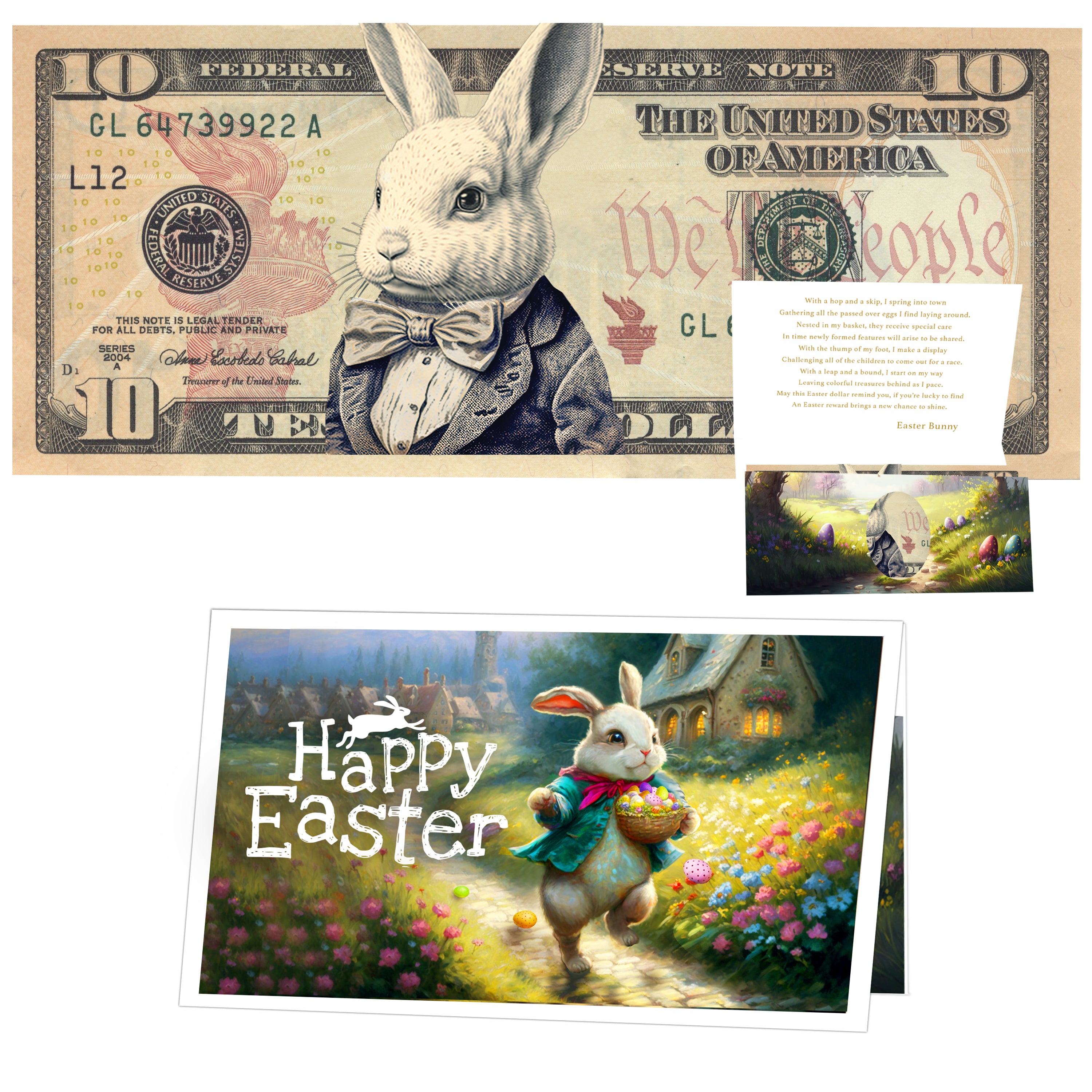 The Official Easter Bunny Dollar Bill with Easter Greeting Card Currency Holder. Real 10.0 USD. Bankable & Spendable. Easter Basket Stuffer/Filler. Bunny Bucks - Bunny Money