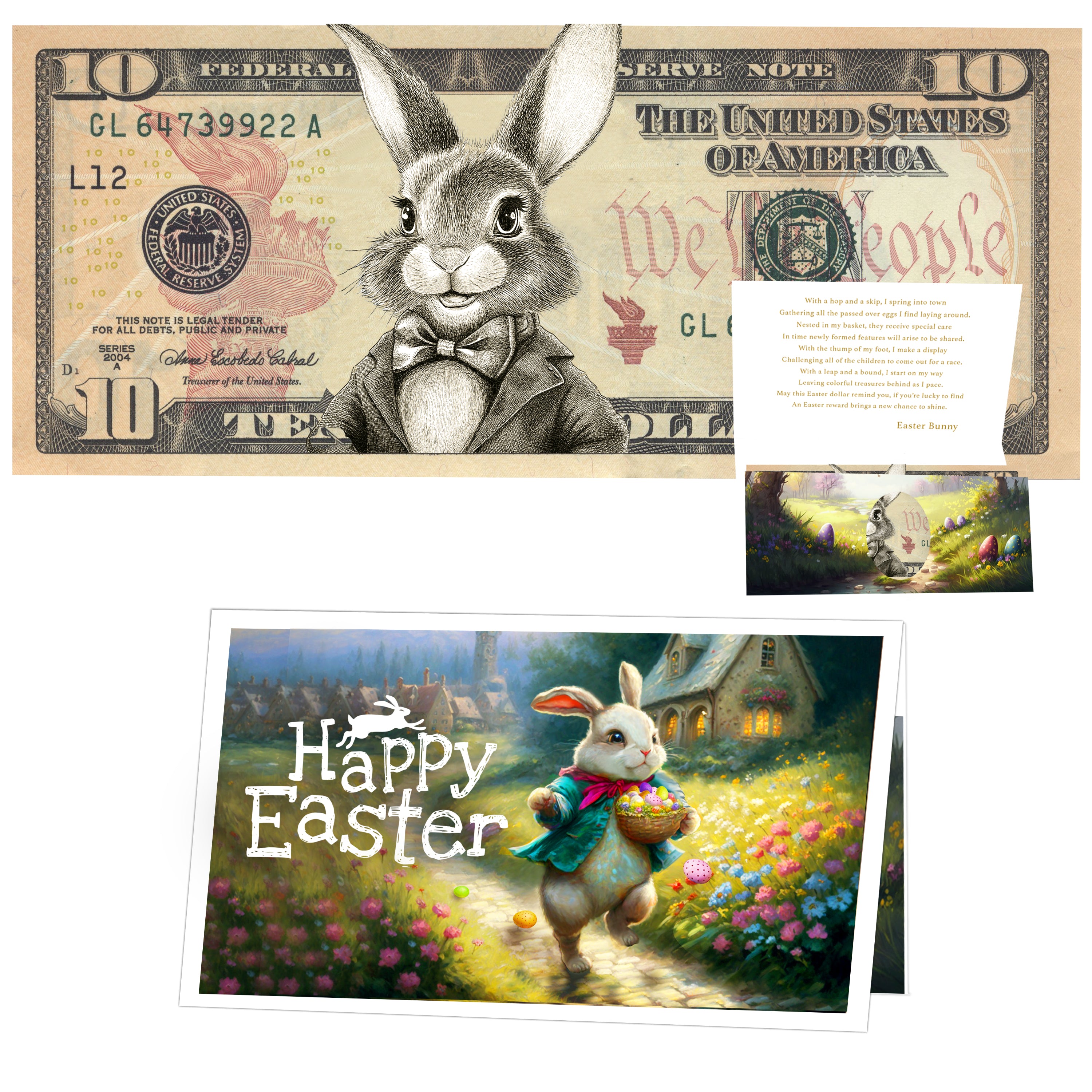 The Official Easter Bunny Dollar Bill with Easter Greeting Card Currency Holder. Real 10.0 USD. Bankable & Spendable. Easter Basket Stuffer/Filler. Bunny Bucks - Bunny Money