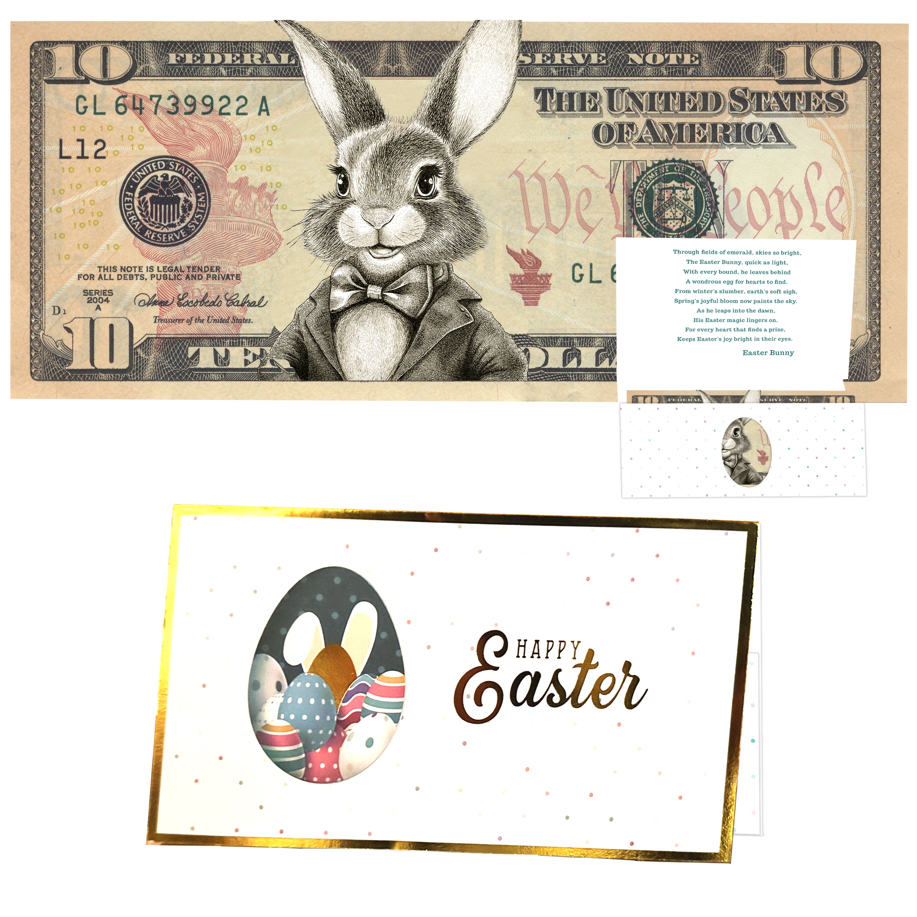 The Official Easter Bunny Dollar Bill with Easter Greeting Card Currency Holder. Real 10.0 USD. Bankable & Spendable. Easter Basket Stuffer/Filler. Bunny Bucks - Bunny Money