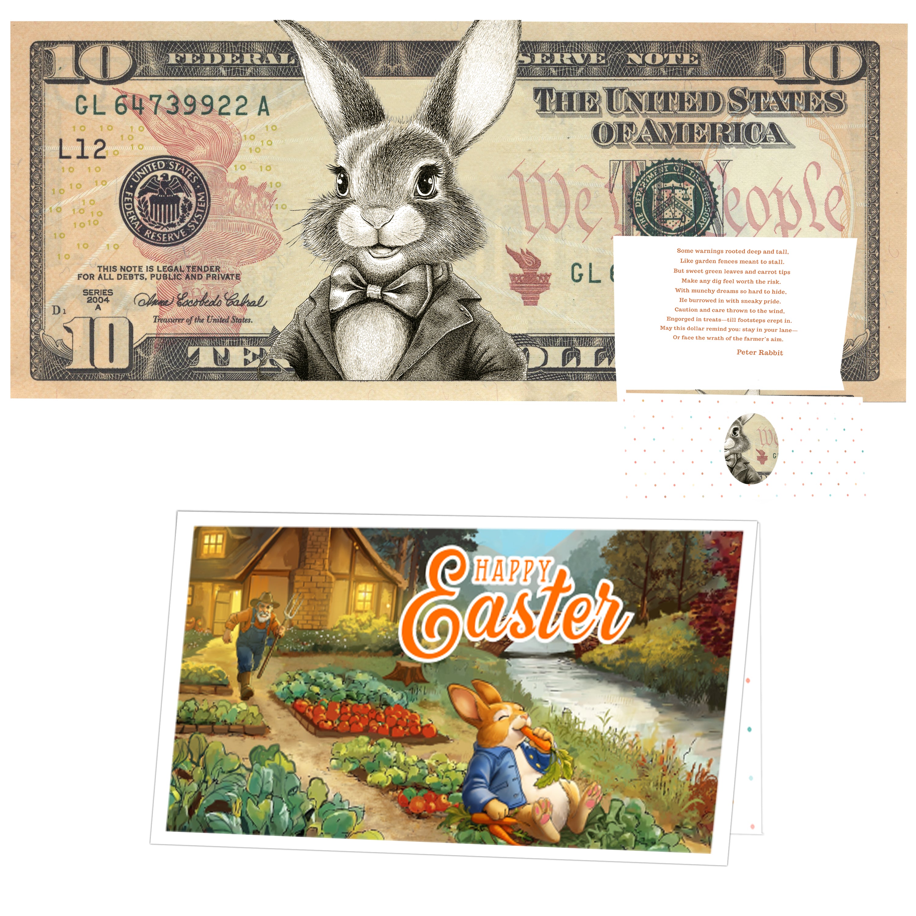 The Official Easter Bunny Dollar Bill with Easter Greeting Card Currency Holder. Real 10.0 USD. Bankable & Spendable. Easter Basket Stuffer/Filler. Bunny Bucks - Bunny Money