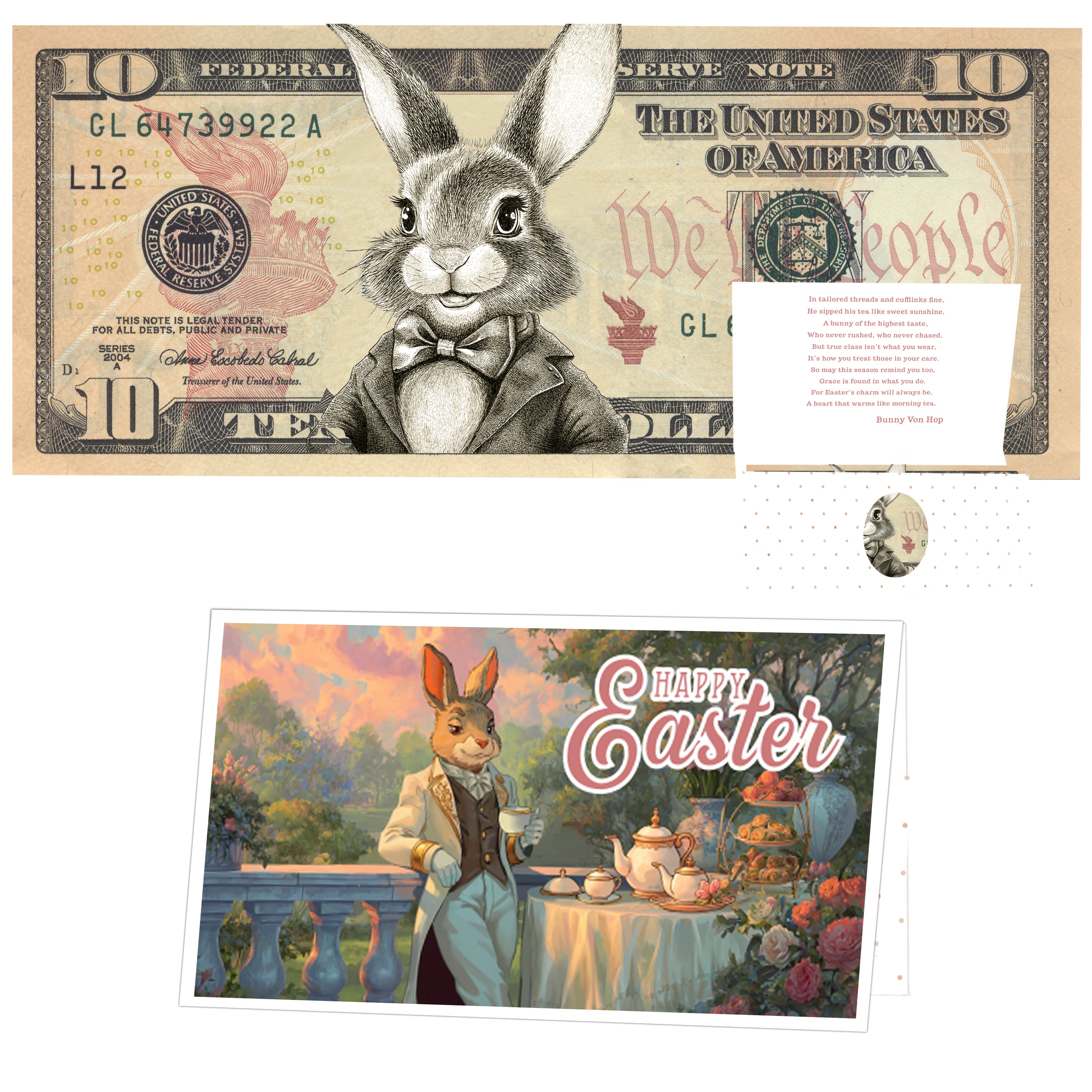 The Official Easter Bunny Dollar Bill with Easter Greeting Card Currency Holder. Real 10.0 USD. Bankable & Spendable. Easter Basket Stuffer/Filler. Bunny Bucks - Bunny Money