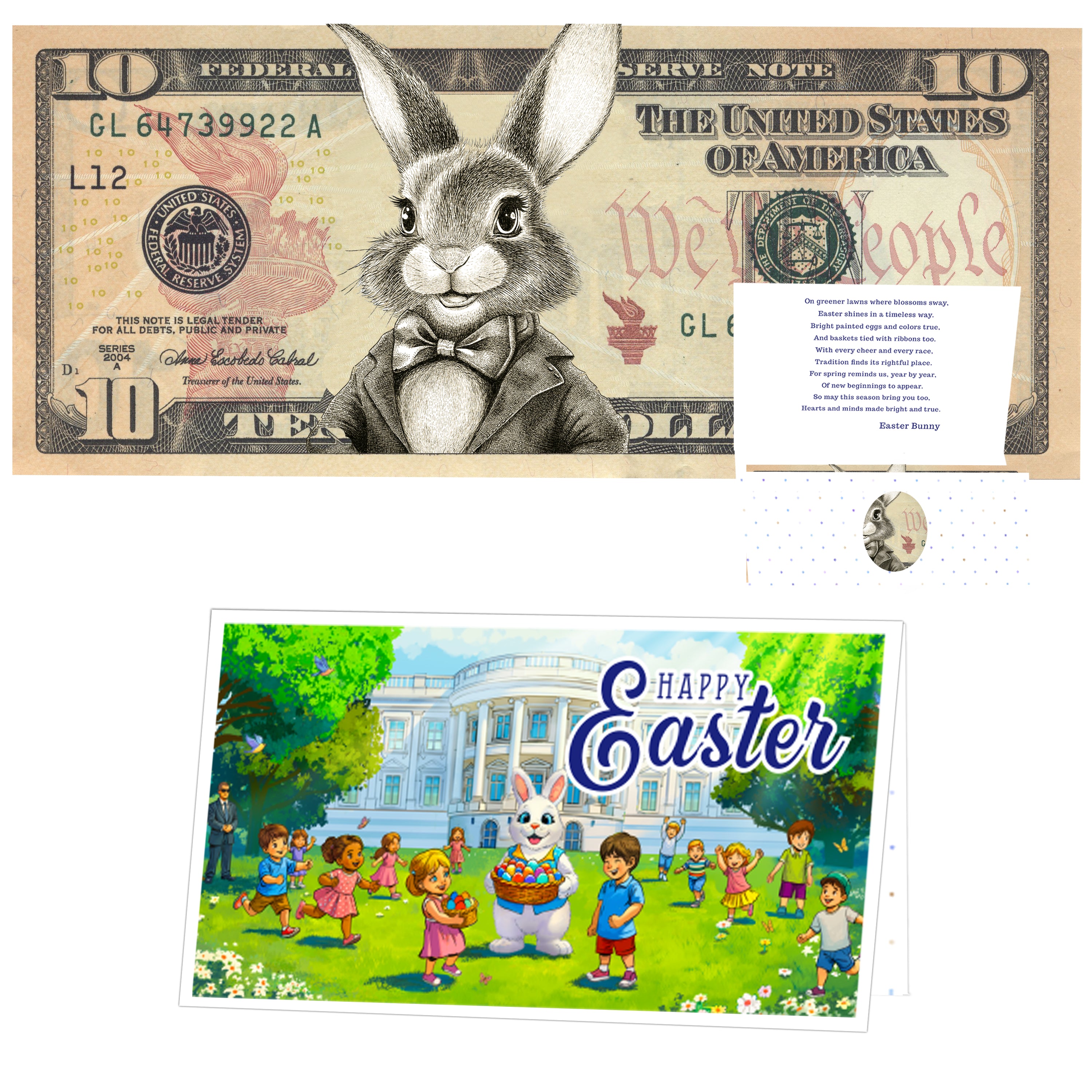 The Official Easter Bunny Dollar Bill with Easter Greeting Card Currency Holder. Real 10.0 USD. Bankable & Spendable. Easter Basket Stuffer/Filler. Bunny Bucks - Bunny Money