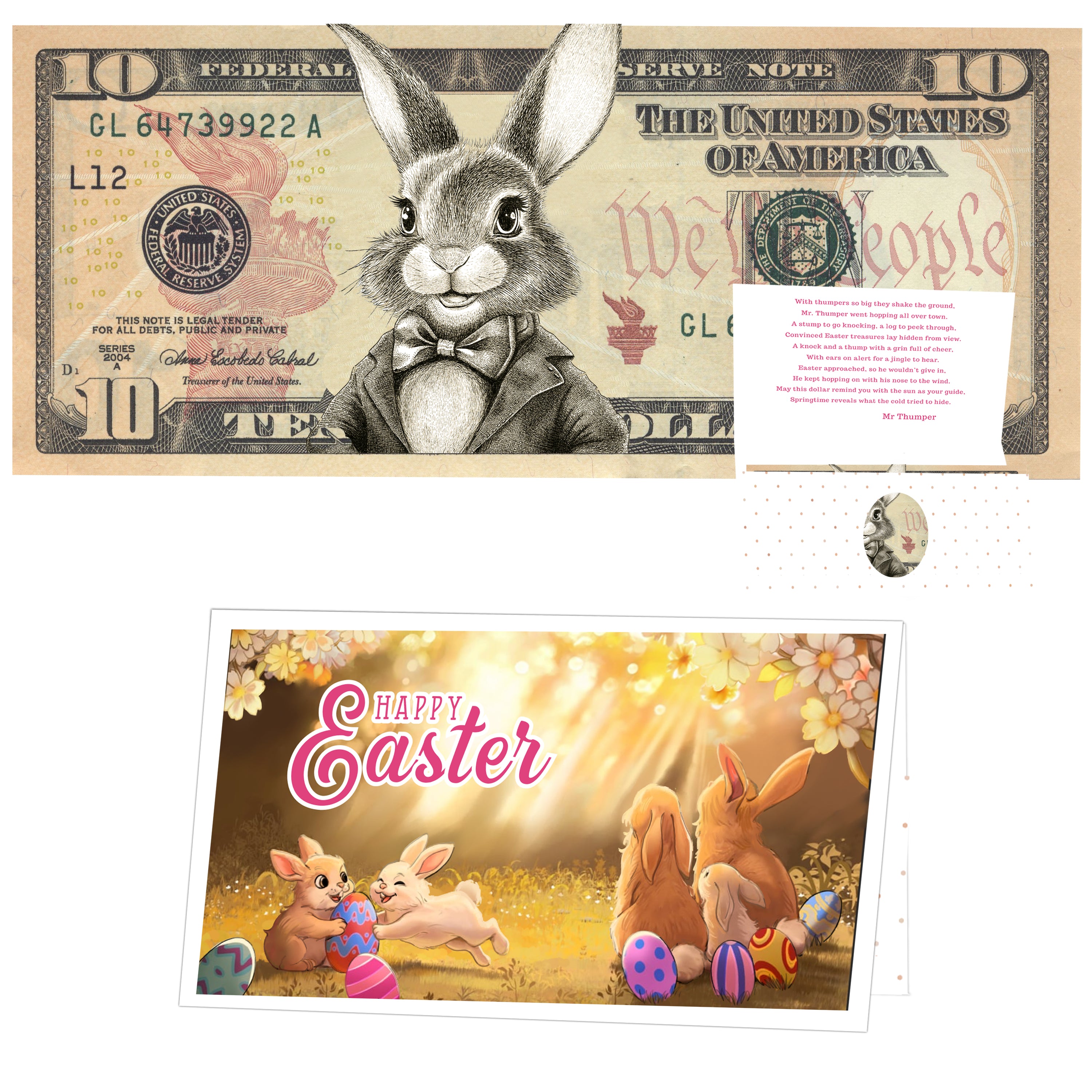 The Official Easter Bunny Dollar Bill with Easter Greeting Card Currency Holder. Real 10.0 USD. Bankable & Spendable. Easter Basket Stuffer/Filler. Bunny Bucks - Bunny Money