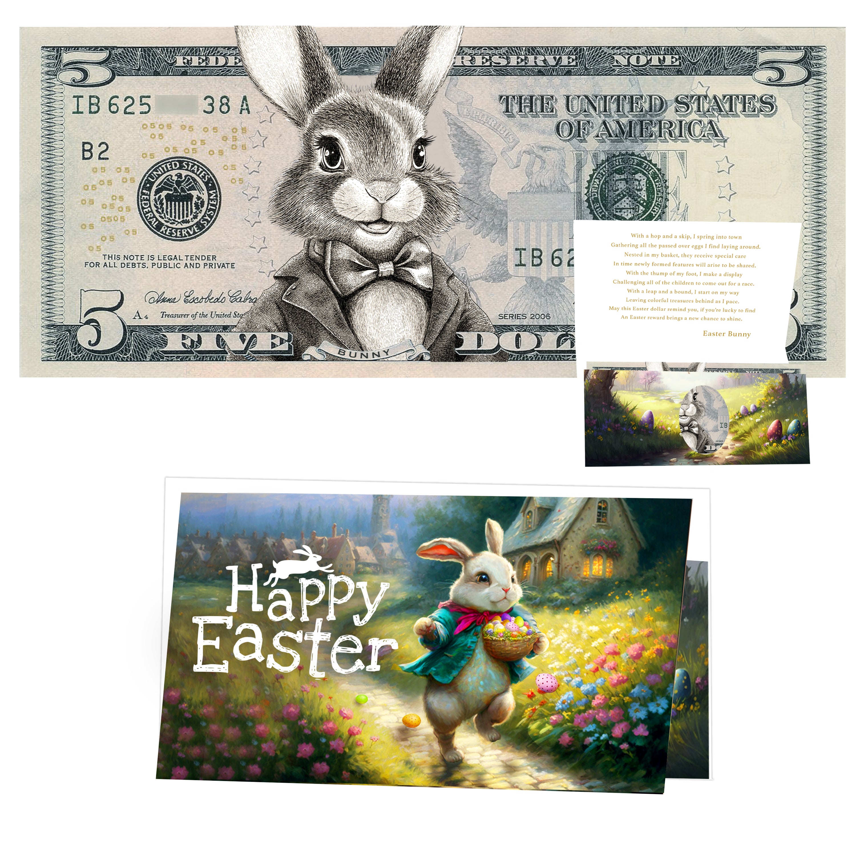 The Official Easter Bunny Dollar Bill with Easter Greeting Card Currency Holder. Real 5.0 USD. Bankable & Spendable. Easter Basket Stuffer/Filler. Bunny Bucks - Bunny Money