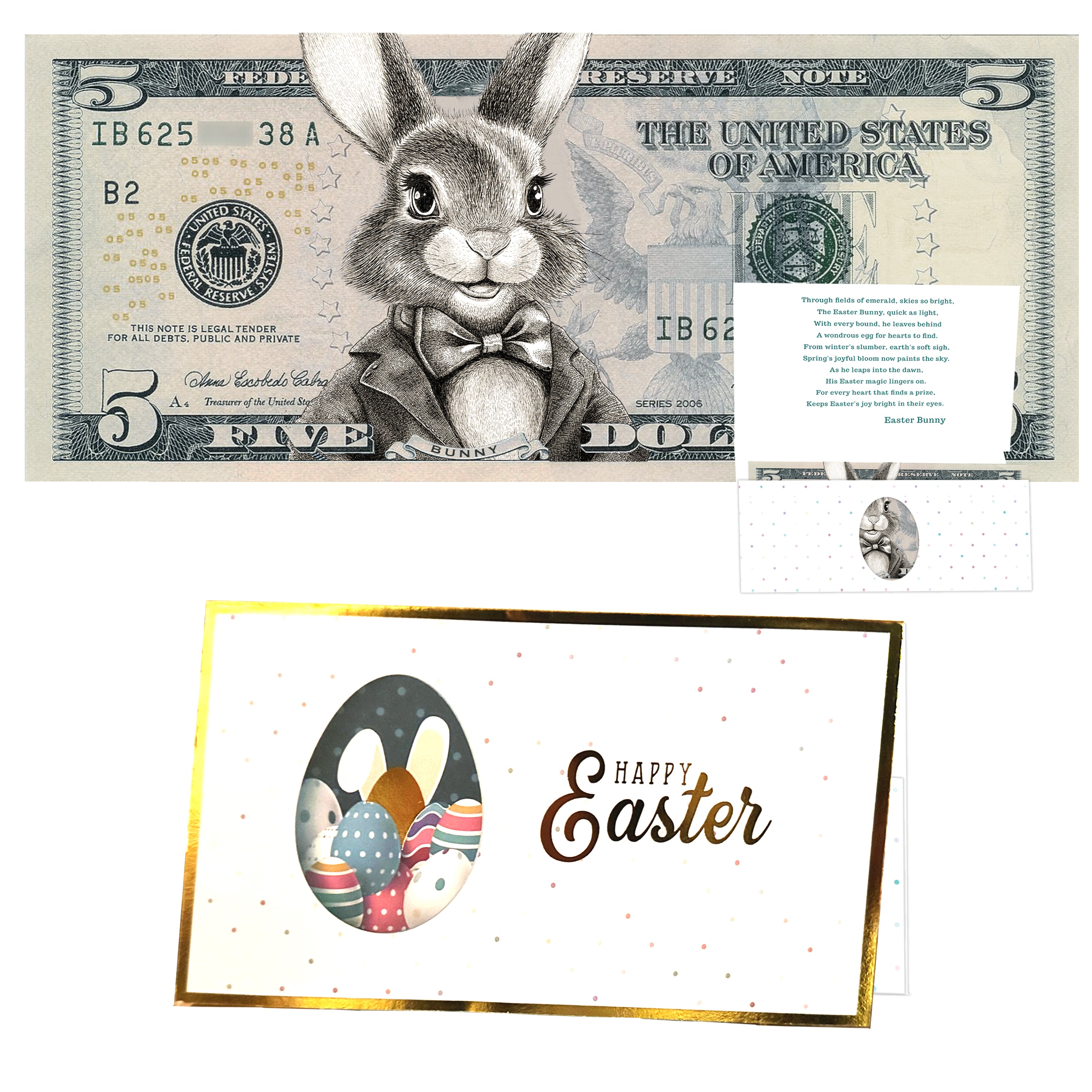 The Official Easter Bunny Dollar Bill with Easter Greeting Card Currency Holder. Real 5.0 USD. Bankable & Spendable. Easter Basket Stuffer/Filler. Bunny Bucks - Bunny Money