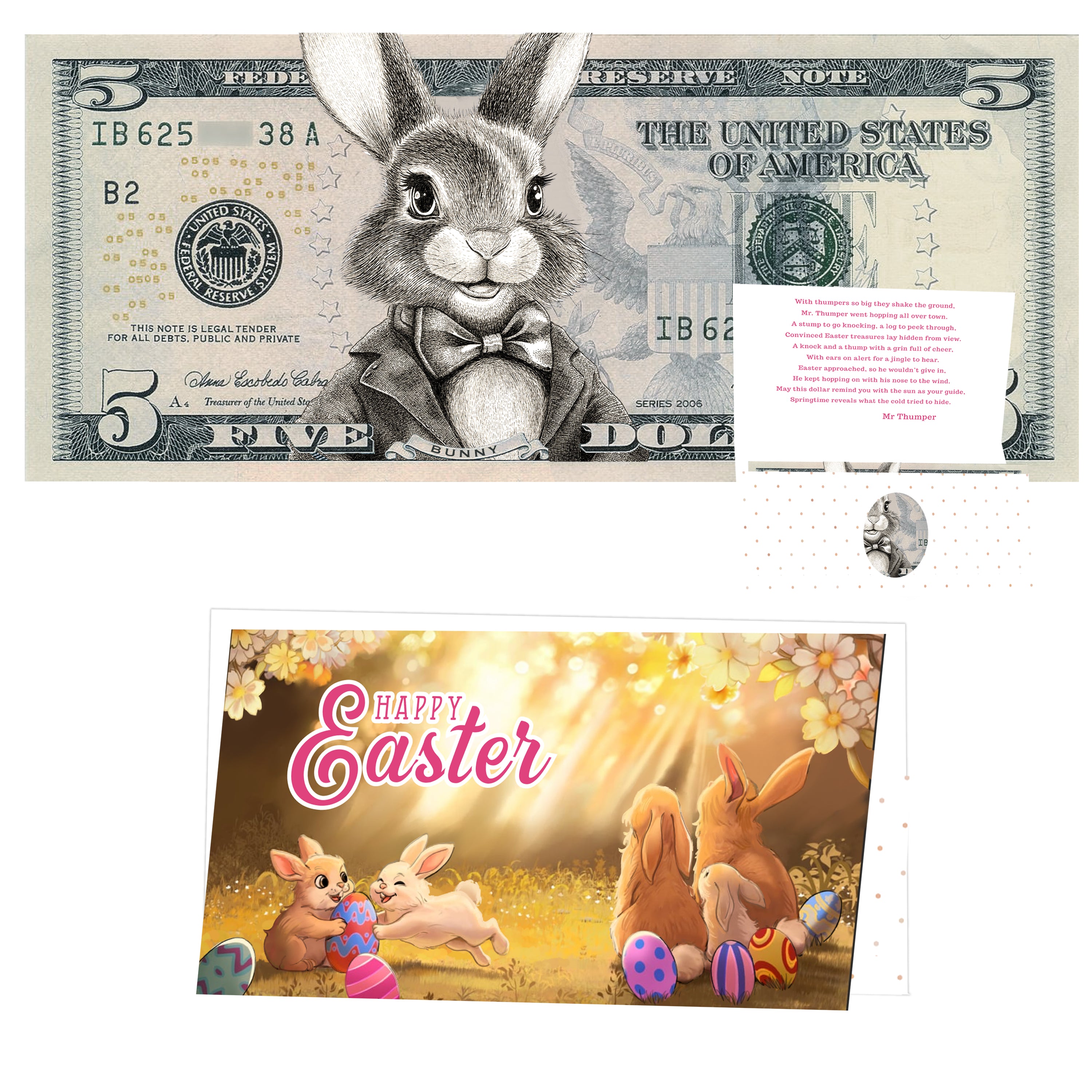 The Official Easter Bunny Dollar Bill with Easter Greeting Card Currency Holder. Real 5.0 USD. Bankable & Spendable. Easter Basket Stuffer/Filler. Bunny Bucks - Bunny Money