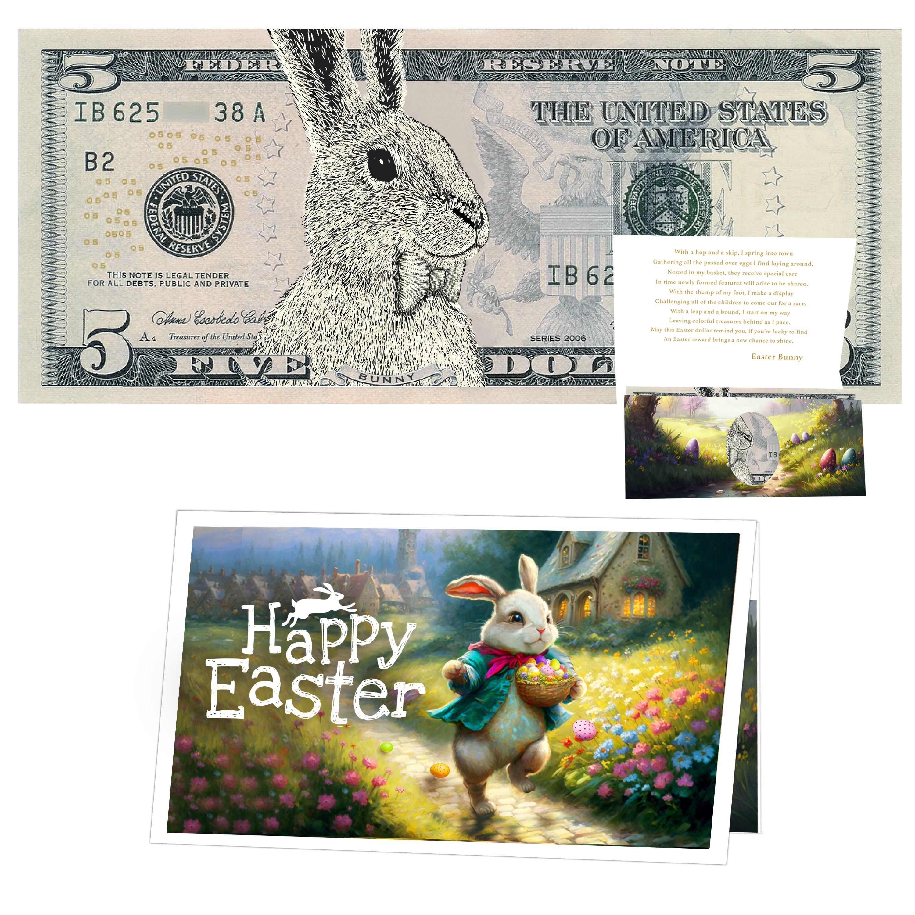 The Official Easter Bunny Dollar Bill with Easter Greeting Card Currency Holder. Real 5.0 USD. Bankable & Spendable. Easter Basket Stuffer/Filler. Bunny Bucks - Bunny Money