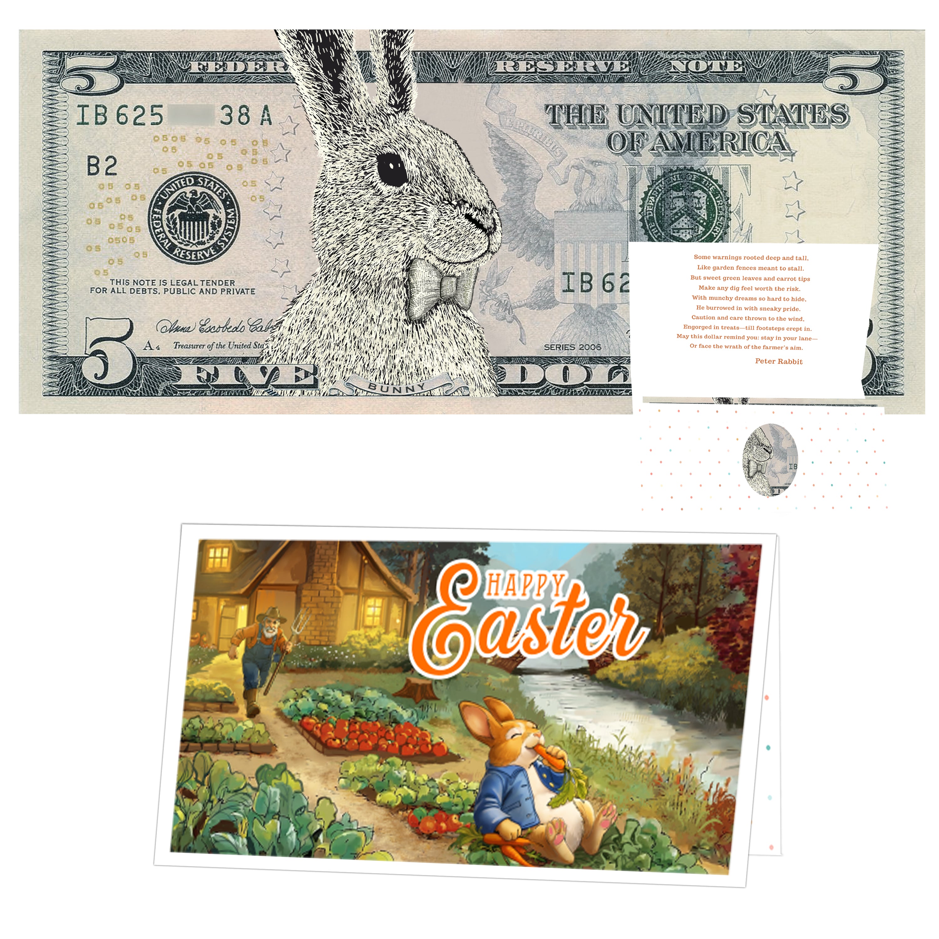 The Official Easter Bunny Dollar Bill with Easter Greeting Card Currency Holder. Real 5.0 USD. Bankable & Spendable. Easter Basket Stuffer/Filler. Bunny Bucks - Bunny Money