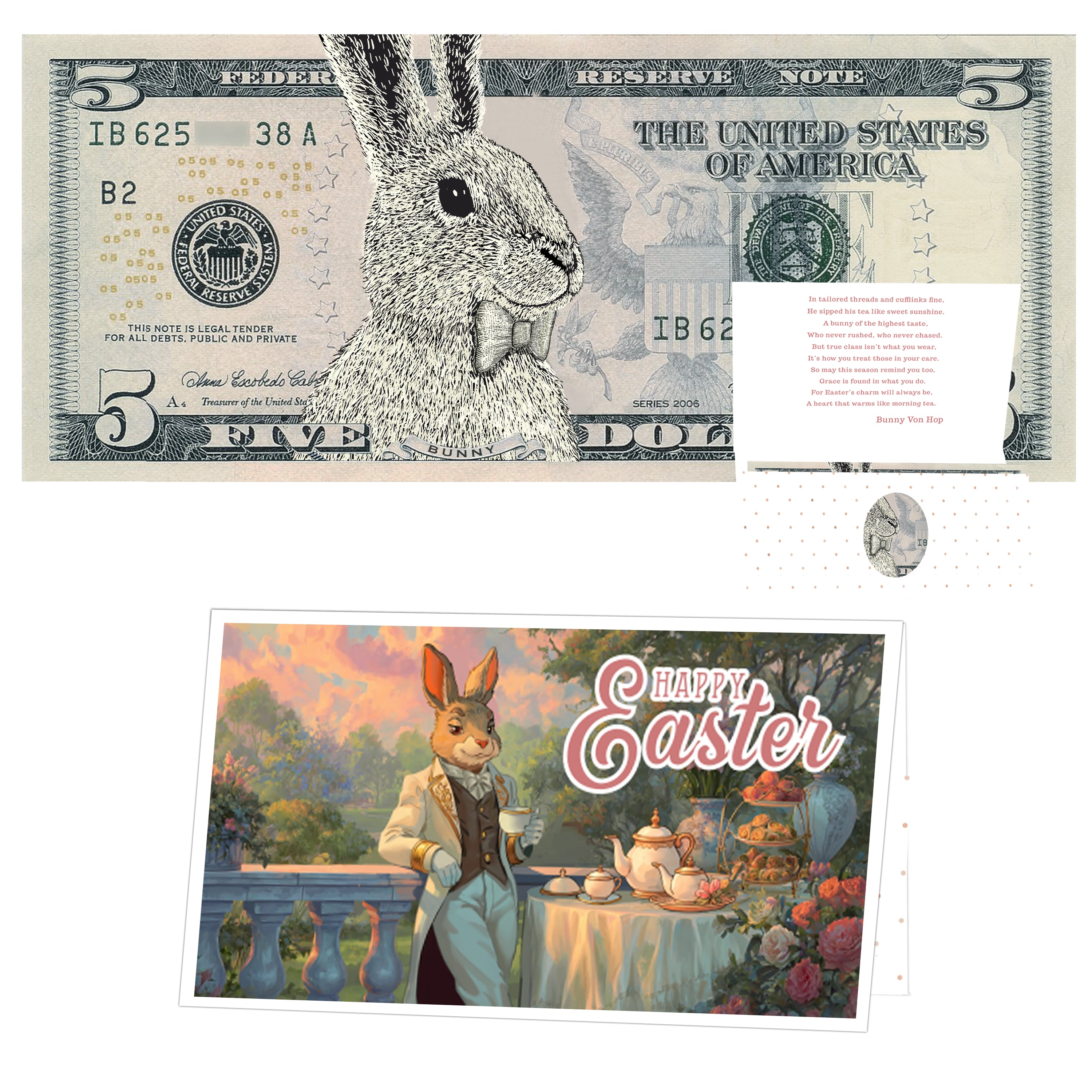 The Official Easter Bunny Dollar Bill with Easter Greeting Card Currency Holder. Real 5.0 USD. Bankable & Spendable. Easter Basket Stuffer/Filler. Bunny Bucks - Bunny Money