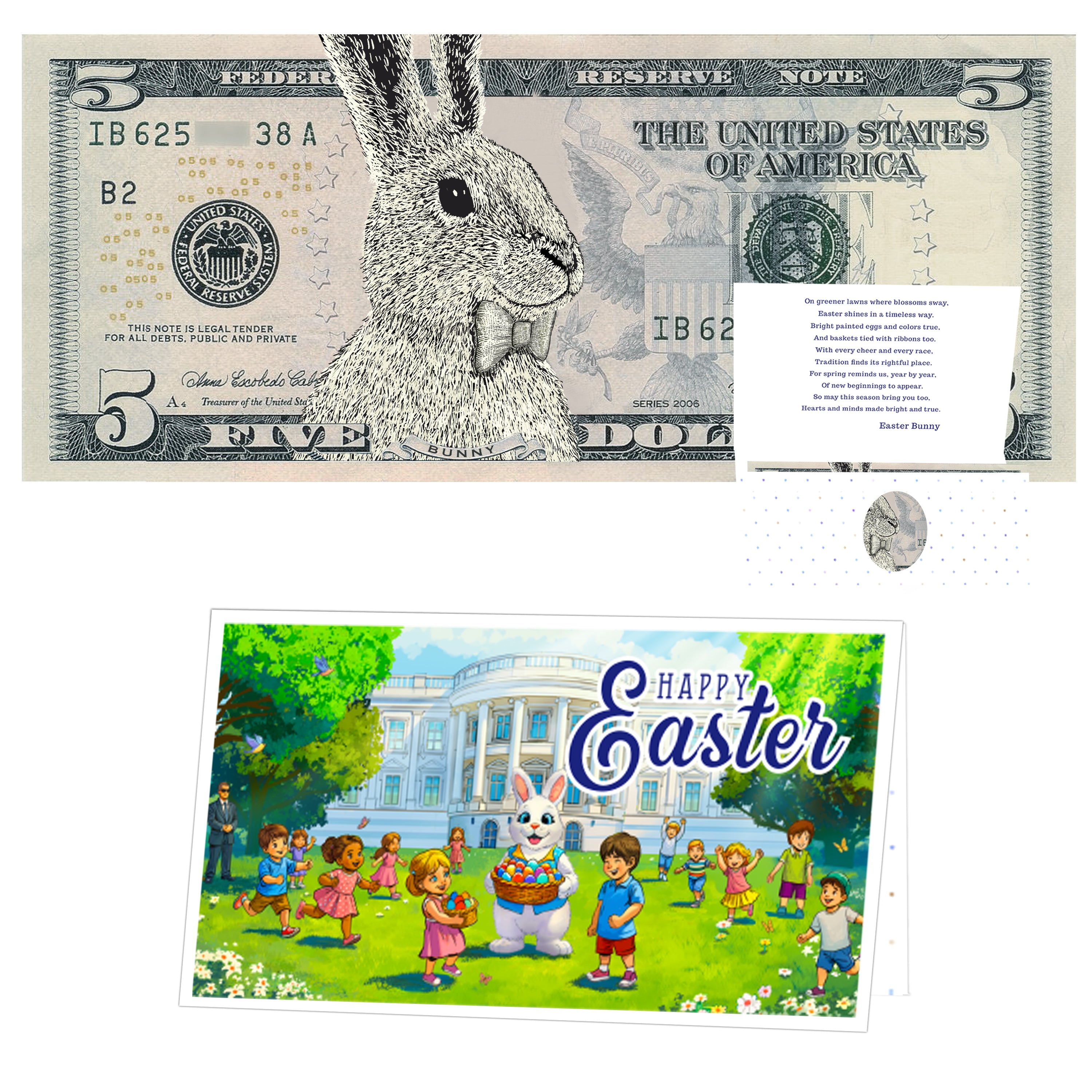 The Official Easter Bunny Dollar Bill with Easter Greeting Card Currency Holder. Real 5.0 USD. Bankable & Spendable. Easter Basket Stuffer/Filler. Bunny Bucks - Bunny Money
