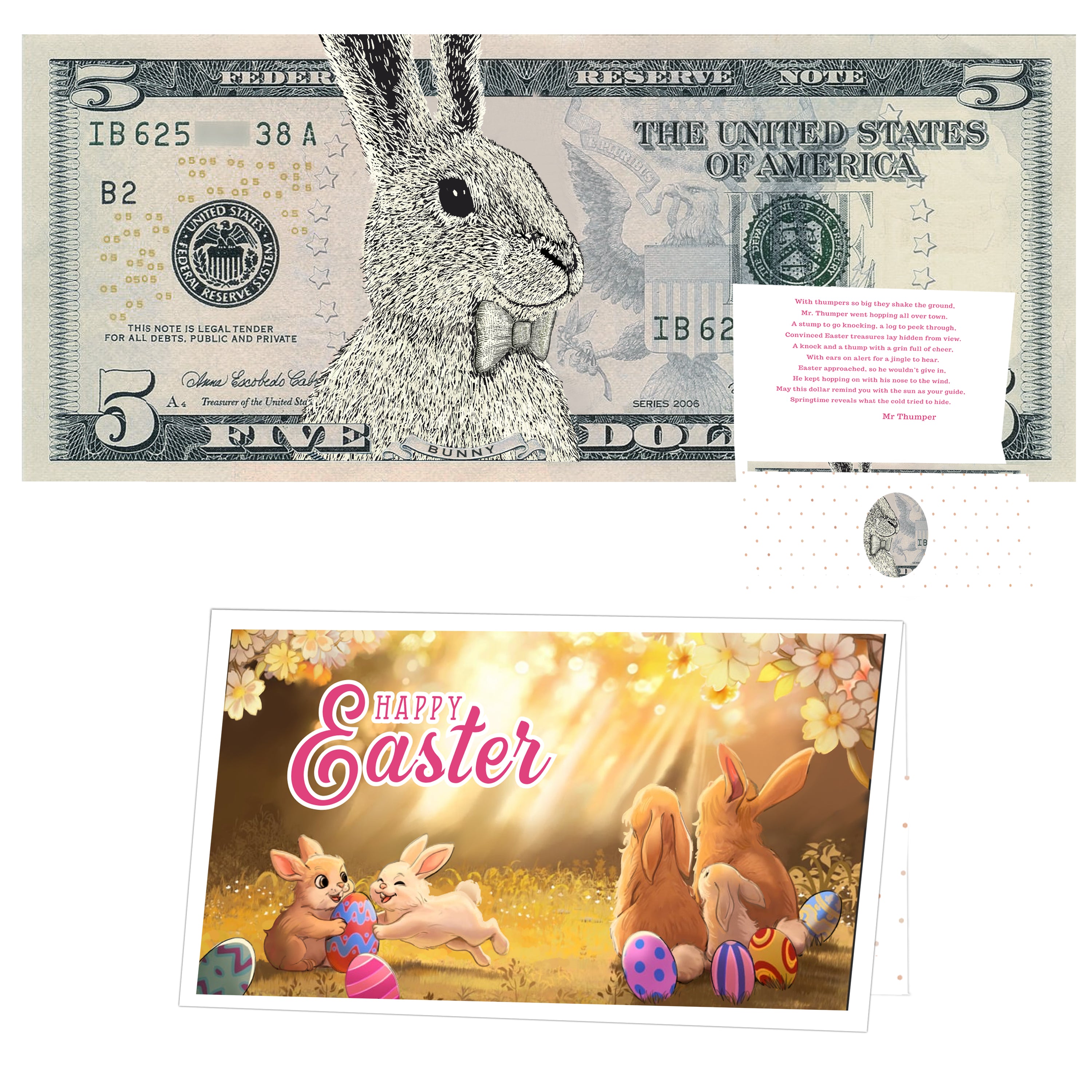 The Official Easter Bunny Dollar Bill with Easter Greeting Card Currency Holder. Real 5.0 USD. Bankable & Spendable. Easter Basket Stuffer/Filler. Bunny Bucks - Bunny Money