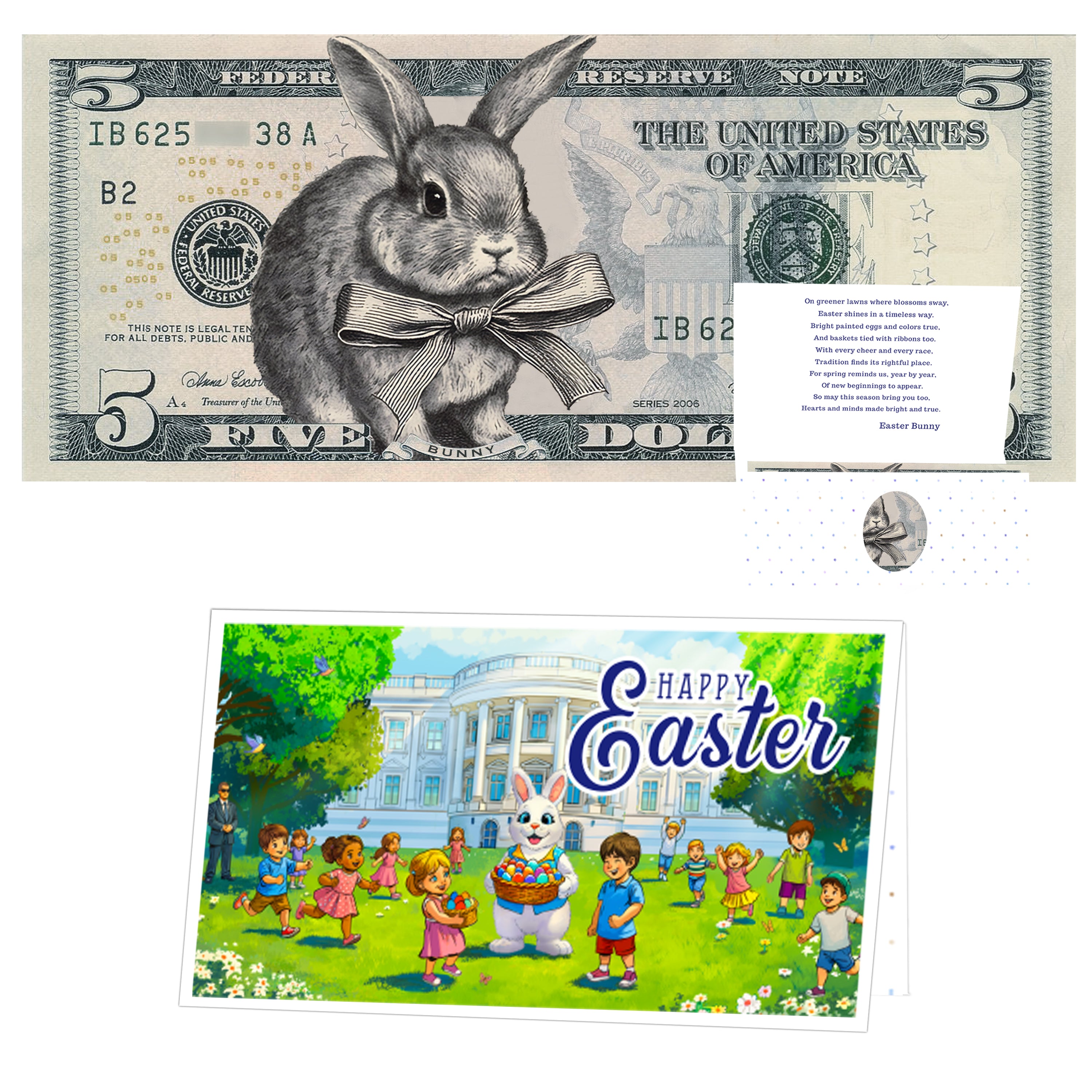 The Official Easter Bunny Dollar Bill with Easter Greeting Card Currency Holder. Real 5.0 USD. Bankable & Spendable. Easter Basket Stuffer/Filler. Bunny Bucks - Bunny Money