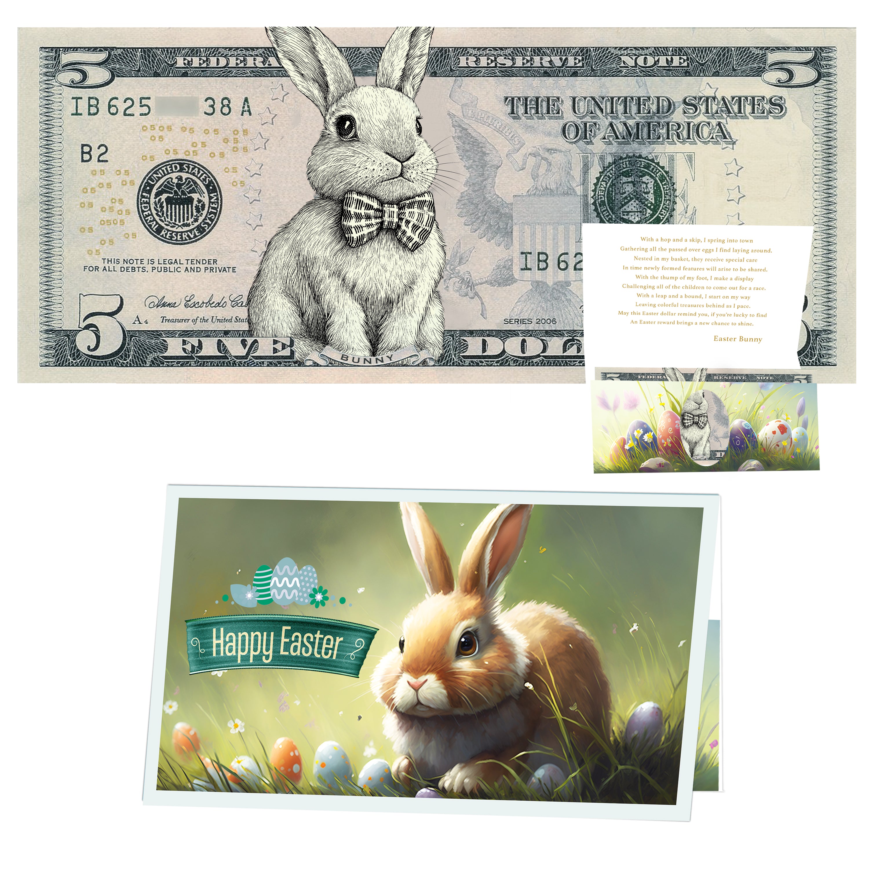 The Official Easter Bunny Dollar Bill with Easter Greeting Card Currency Holder. Real 5.0 USD. Bankable & Spendable. Easter Basket Stuffer/Filler. Bunny Bucks - Bunny Money