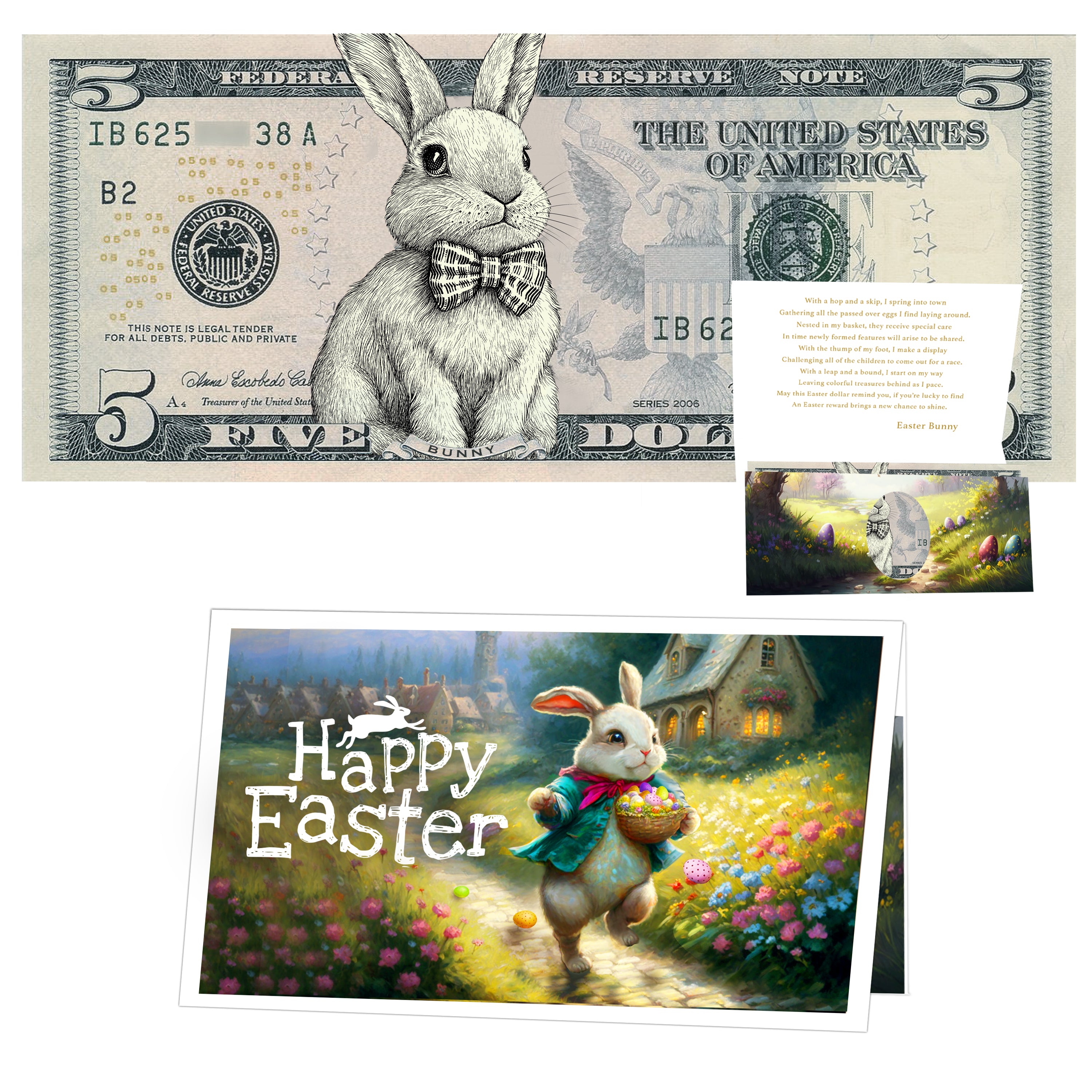 The Official Easter Bunny Dollar Bill with Easter Greeting Card Currency Holder. Real 5.0 USD. Bankable & Spendable. Easter Basket Stuffer/Filler. Bunny Bucks - Bunny Money