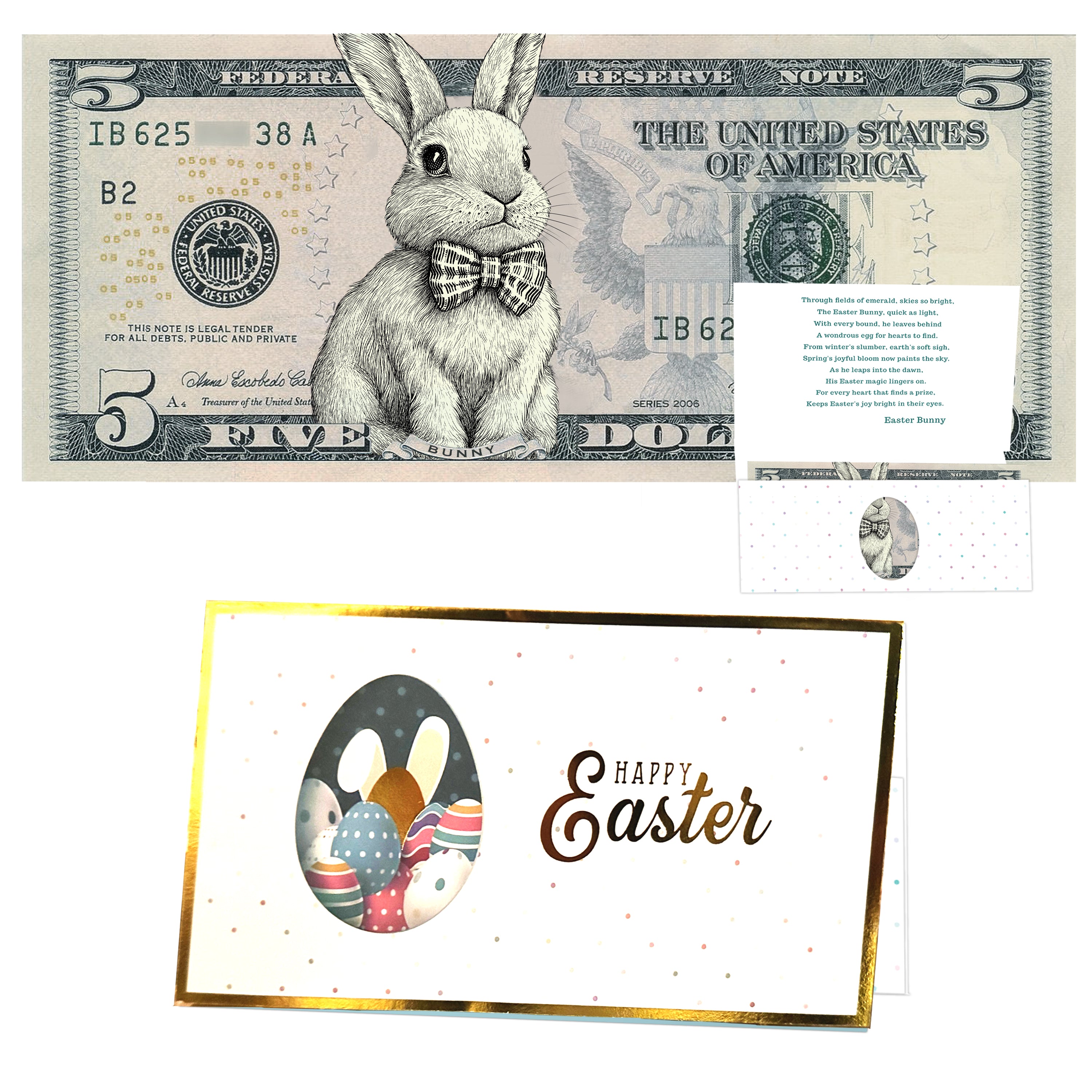 The Official Easter Bunny Dollar Bill with Easter Greeting Card Currency Holder. Real 5.0 USD. Bankable & Spendable. Easter Basket Stuffer/Filler. Bunny Bucks - Bunny Money