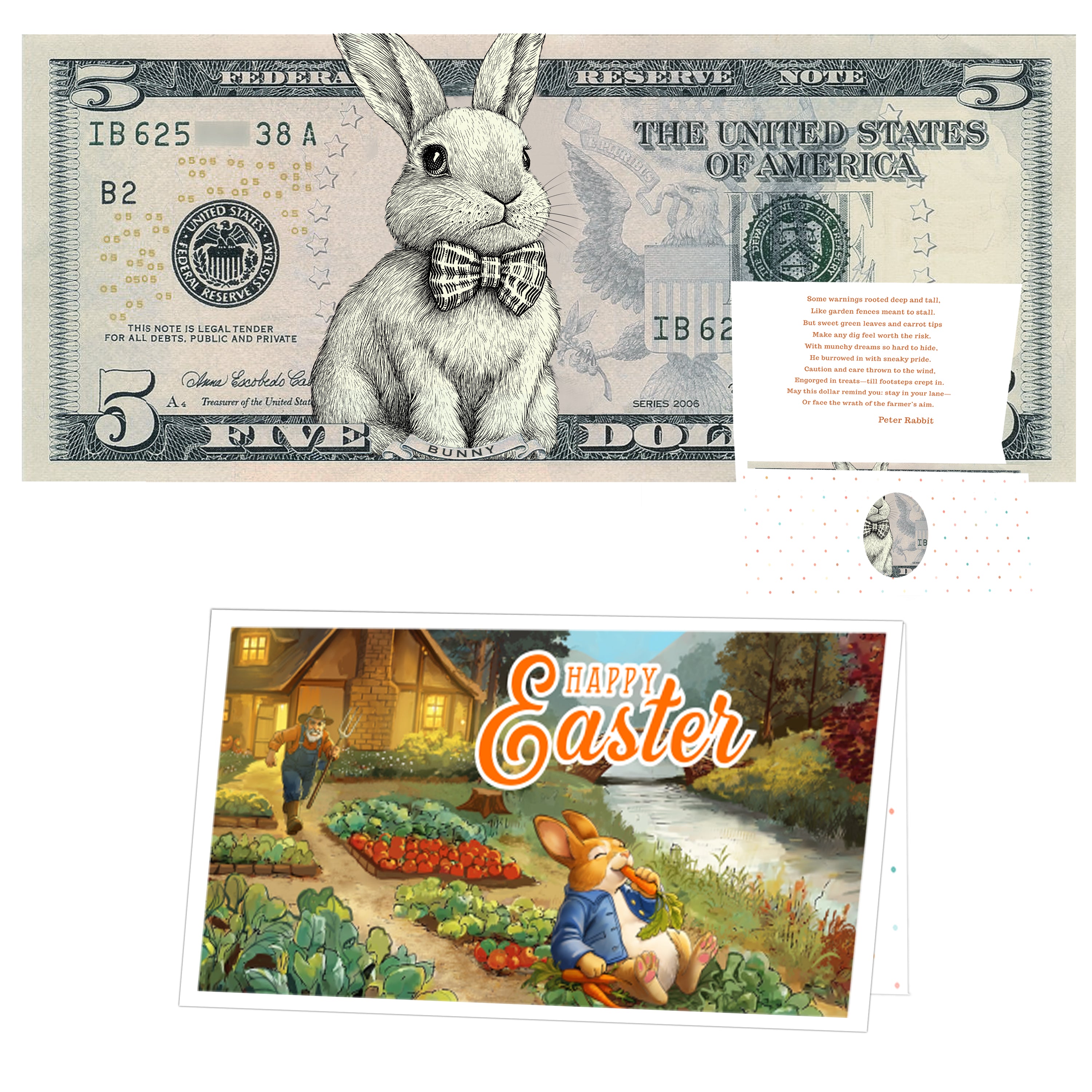 The Official Easter Bunny Dollar Bill with Easter Greeting Card Currency Holder. Real 5.0 USD. Bankable & Spendable. Easter Basket Stuffer/Filler. Bunny Bucks - Bunny Money