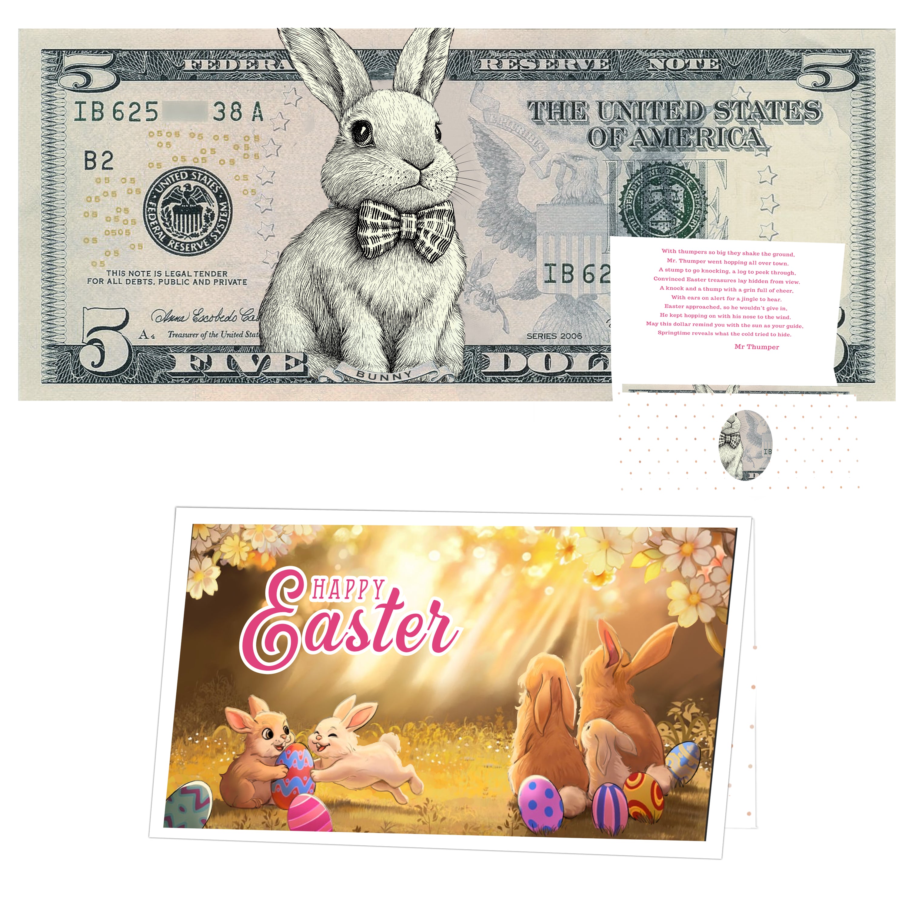 The Official Easter Bunny Dollar Bill with Easter Greeting Card Currency Holder. Real 5.0 USD. Bankable & Spendable. Easter Basket Stuffer/Filler. Bunny Bucks - Bunny Money