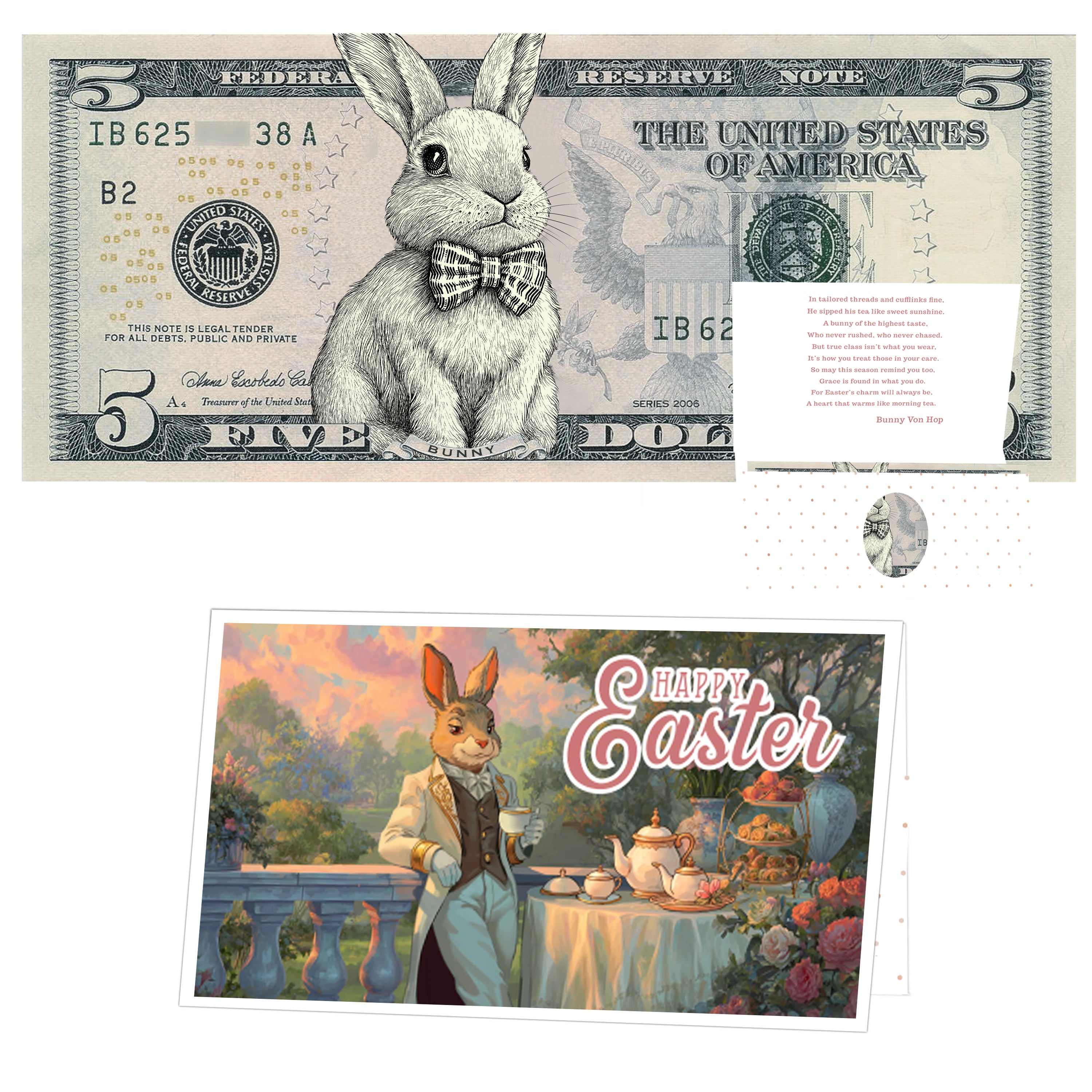 The Official Easter Bunny Dollar Bill with Easter Greeting Card Currency Holder. Real 5.0 USD. Bankable & Spendable. Easter Basket Stuffer/Filler. Bunny Bucks - Bunny Money