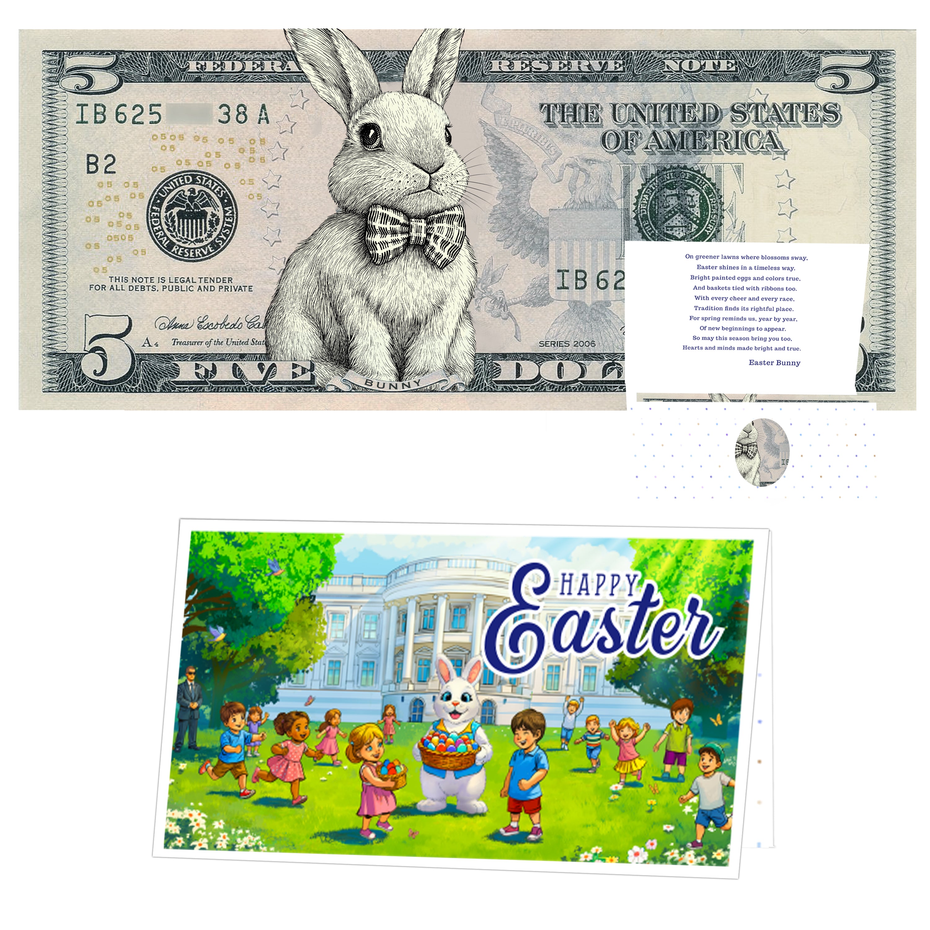 The Official Easter Bunny Dollar Bill with Easter Greeting Card Currency Holder. Real 5.0 USD. Bankable & Spendable. Easter Basket Stuffer/Filler. Bunny Bucks - Bunny Money
