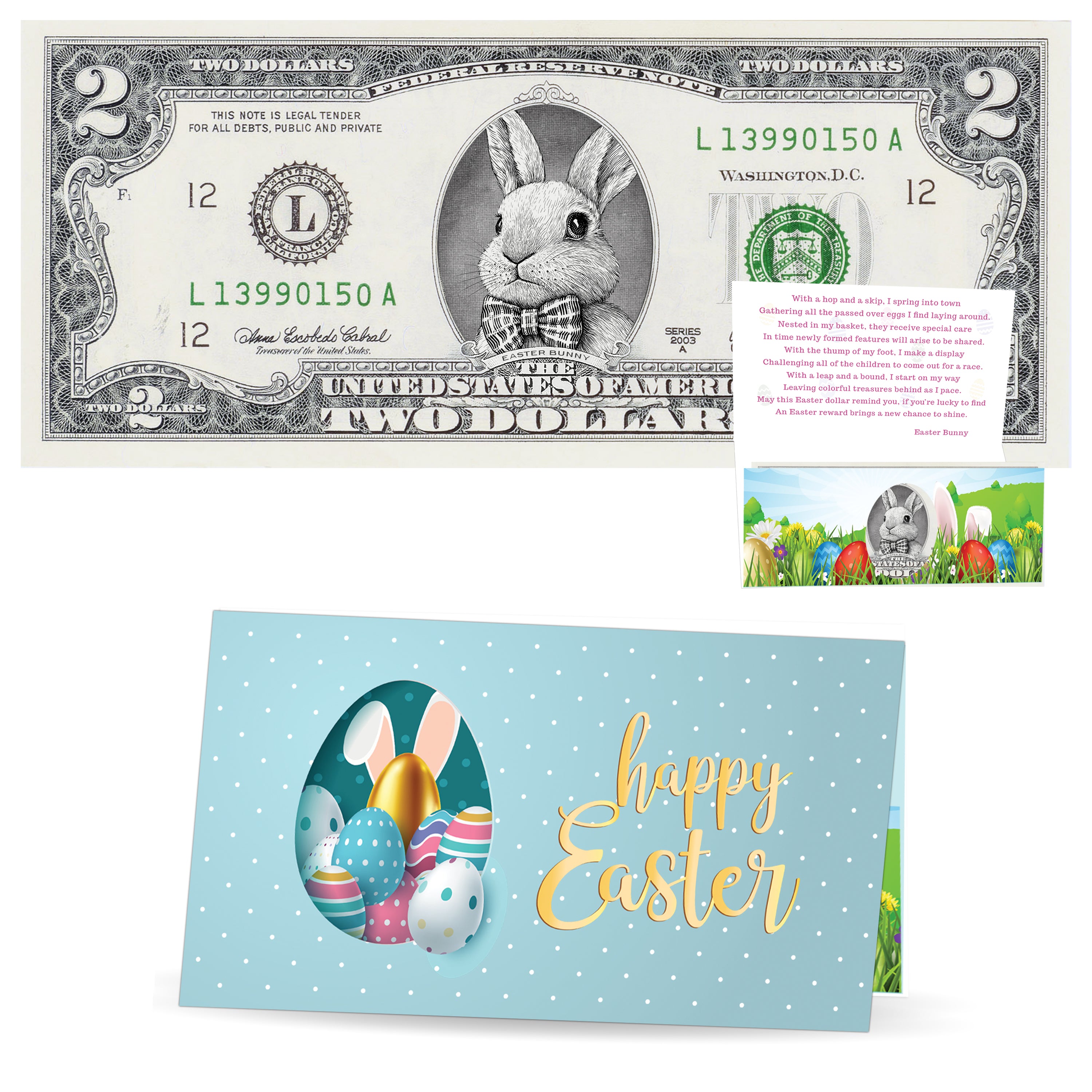 The Official Easter Bunny Dollar Bill. Real 2.0 USD V5 Bunny in White Suit. Each Bill Comes with an Easter Card and Currency Holder. Easter Basket Stuffer/Filler. Bunny Buck - Bunny Money
