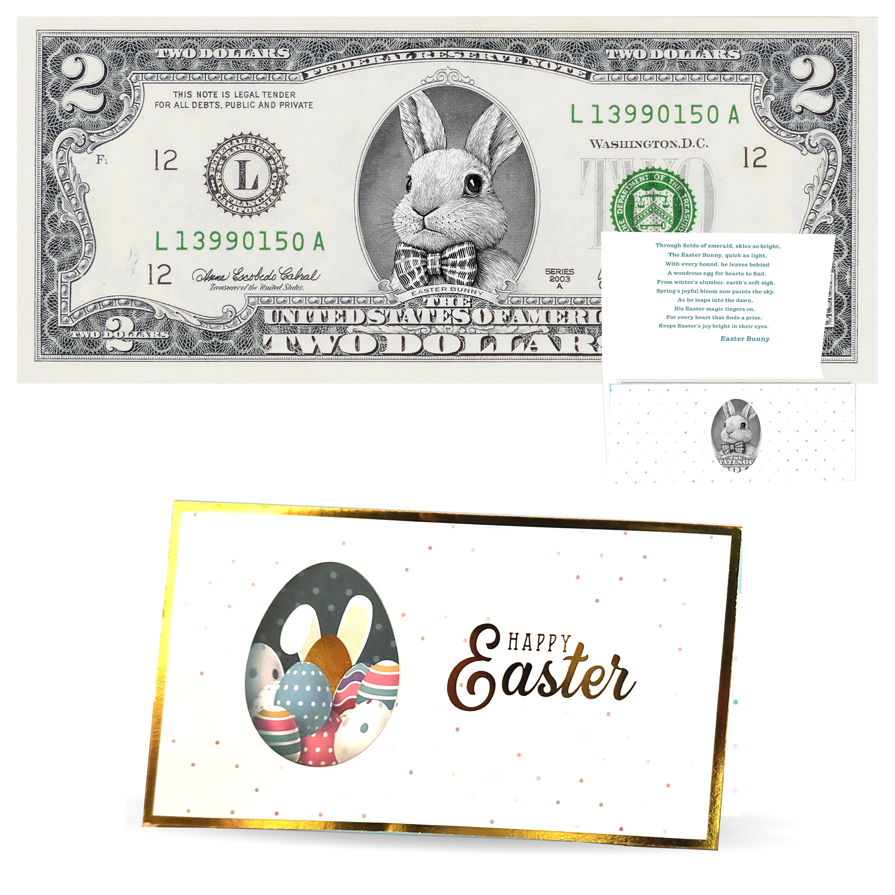 The Official Easter Bunny Dollar Bill. Real 2.0 USD V5 Bunny in White Suit. Each Bill Comes with an Easter Card and Currency Holder. Easter Basket Stuffer/Filler. Bunny Buck - Bunny Money