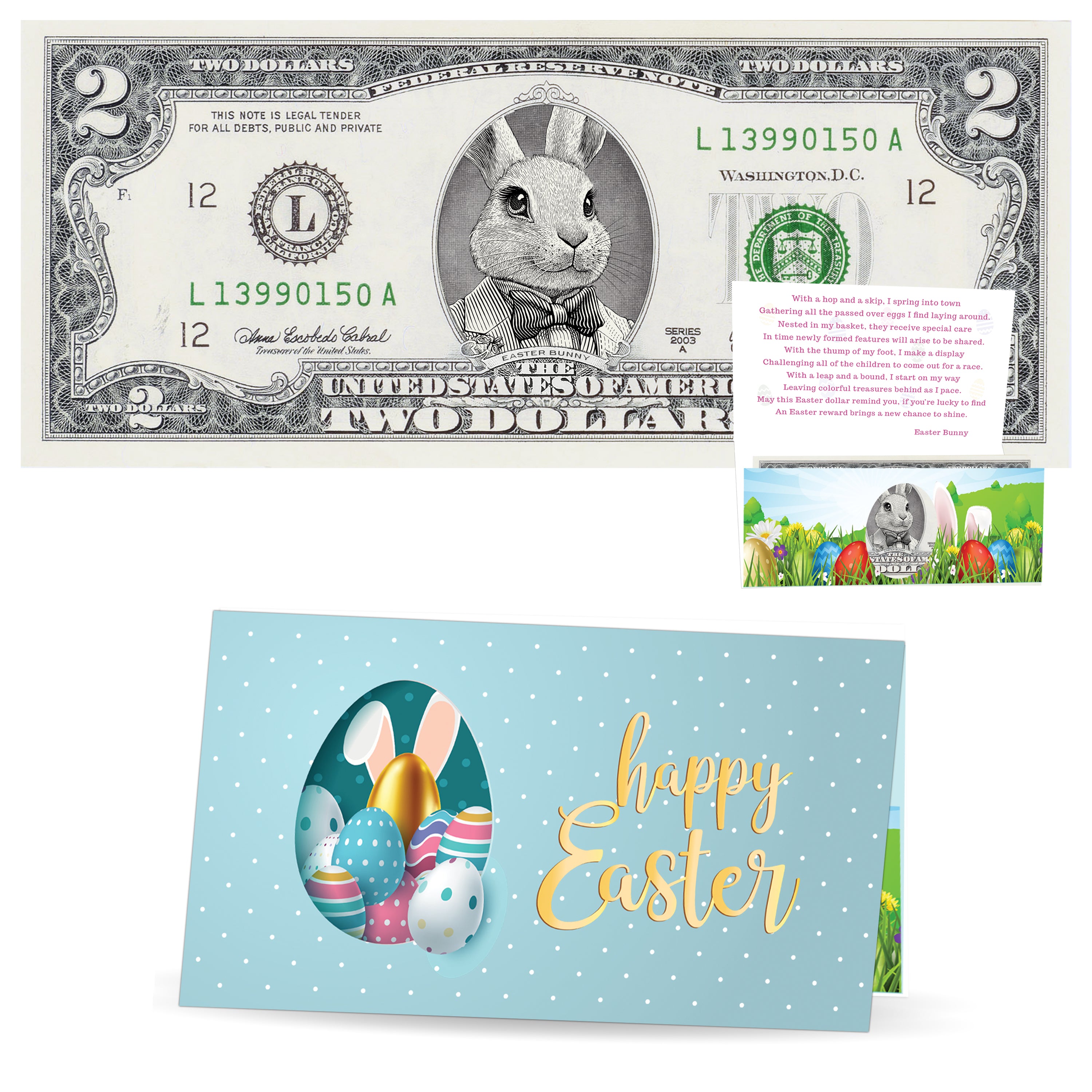 The Official Easter Bunny Dollar Bill. Real 2.0 USD V6 White Bunny with Bow. Each Bill Comes with an Easter Card and Currency Holder. Easter Basket Stuffer/Filler. Bunny Buck - Bunny Money