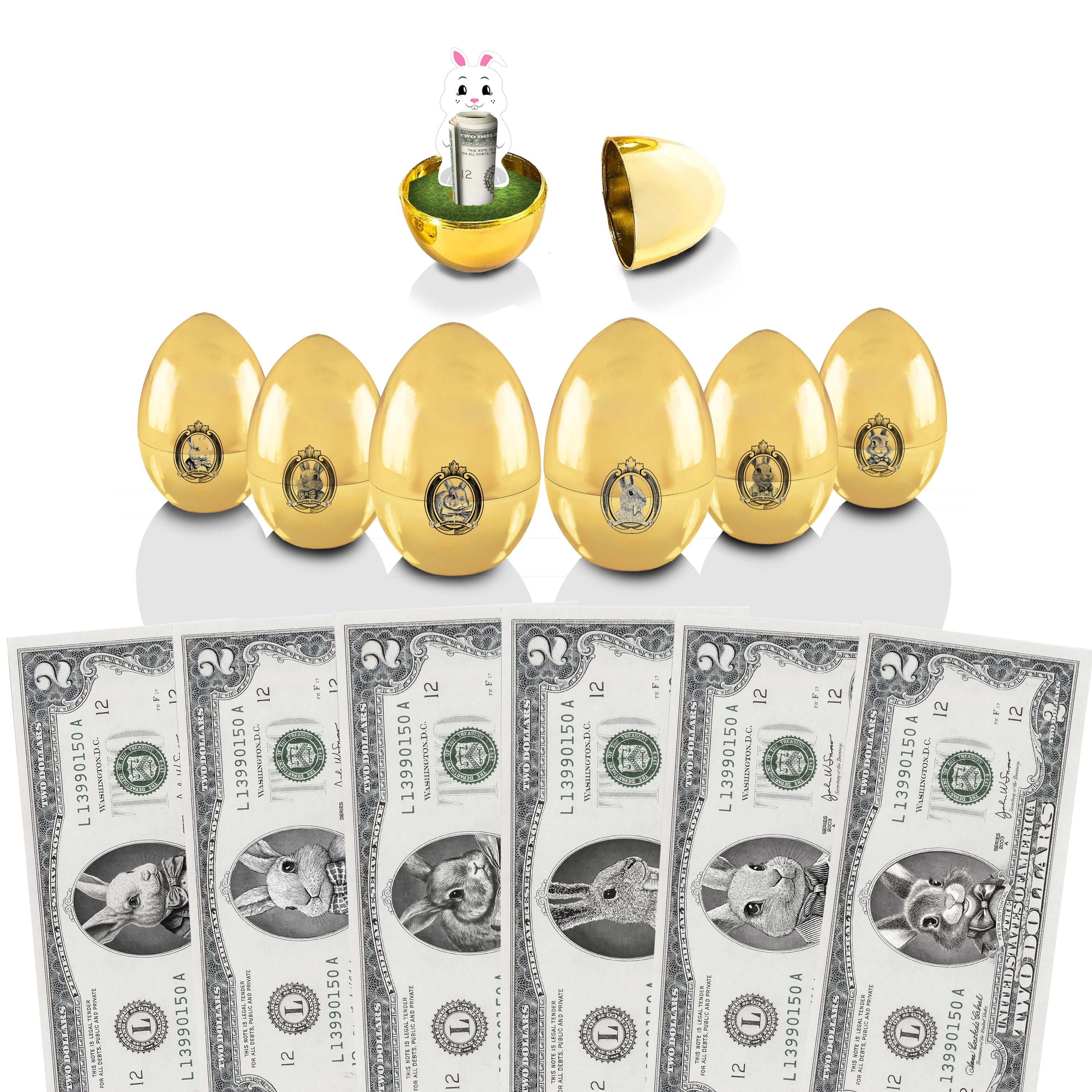 Easter Dollar Bills 2.0 All Easter Bunny Variety Pack with Golden Easter Eggs 6-Pack. Bills and Golden Egg Included in Each