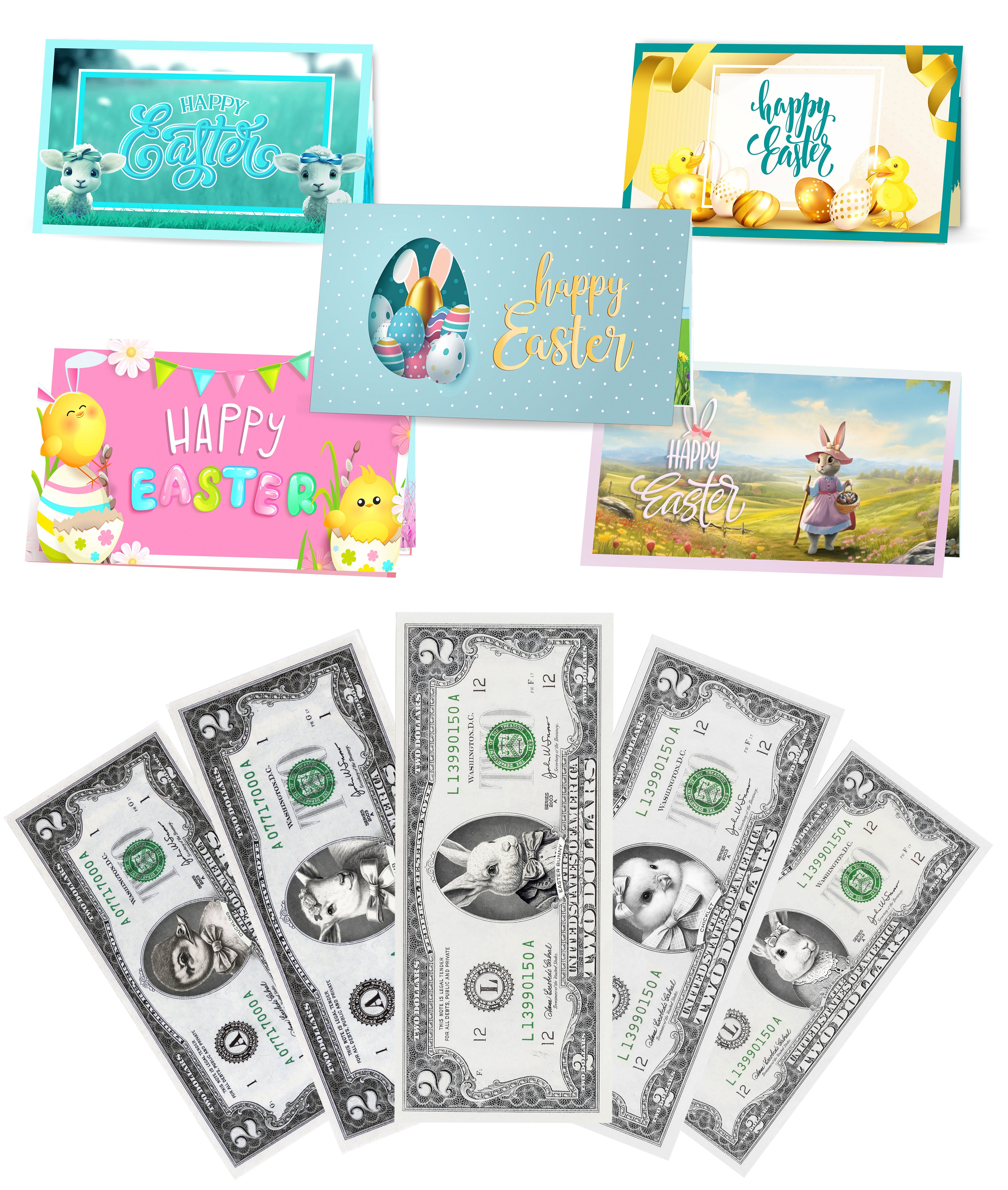 Easter Dollar Bills 2.0 All Easter Bunny Variety Pack with  Various Easter Card Types. Bills and Cards Included in Each