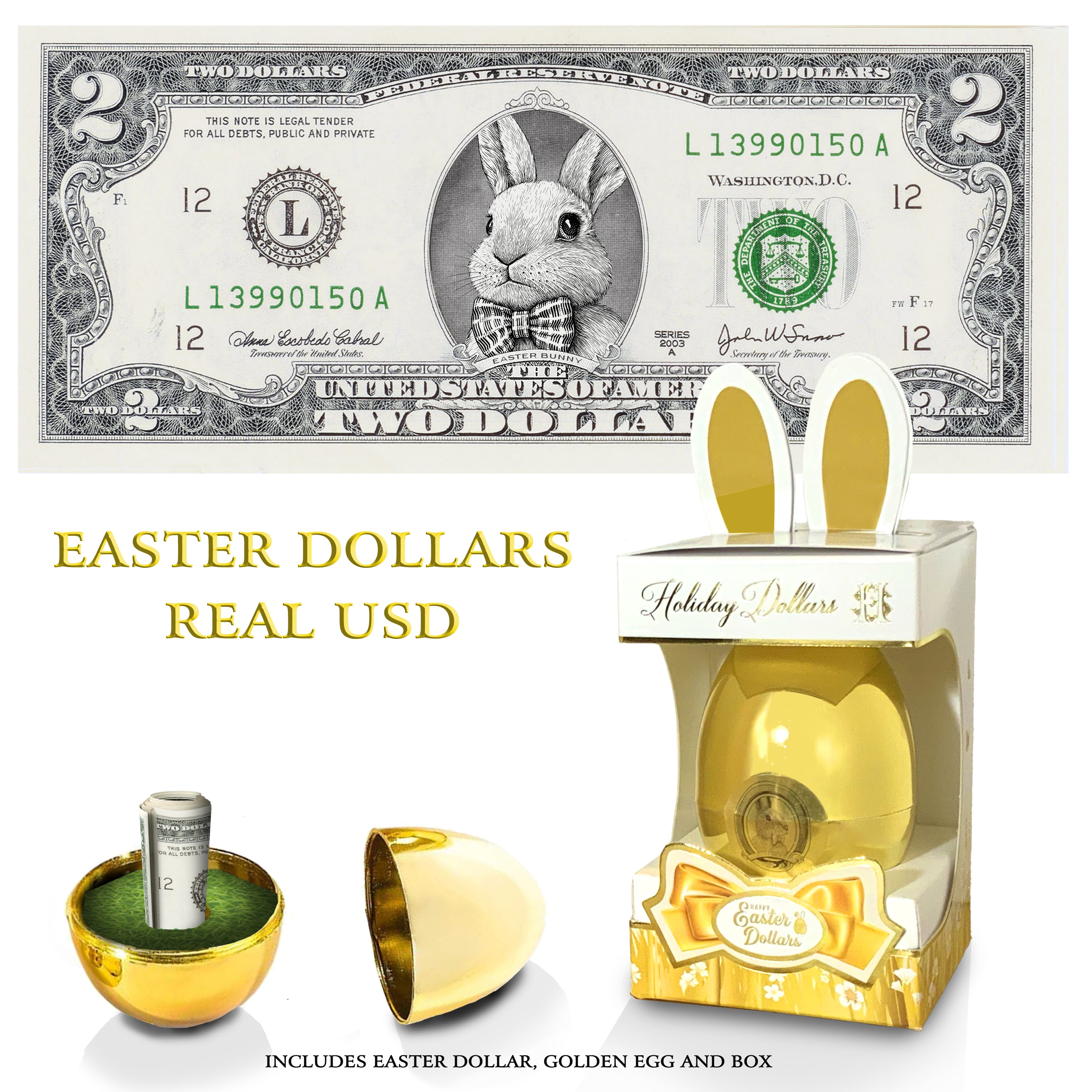 The Official Easter Bunny Dollar Bill with Golden Egg and Gift Box. Real 2.0 USD. Bankable & Spendable. Easter Basket Stuffer/Filler. Bunny Buck - Bunny Money