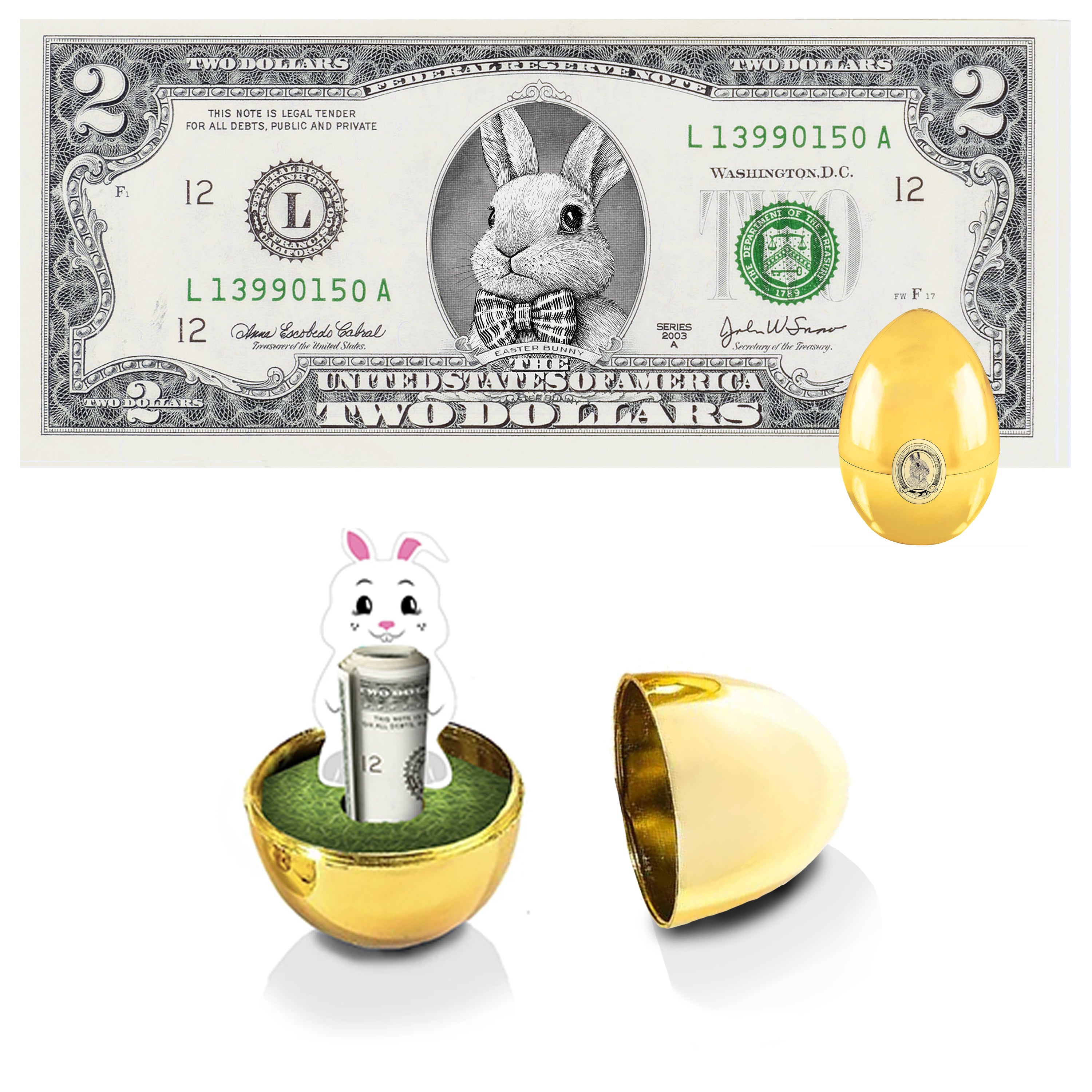 The Official Easter Bunny Dollar Bill V5 White Bunny Bow with Golden Egg. Real 2.0 USD. Bankable & Spendable. Easter Basket Stuffer/Filler. Bunny Bucks - Bunny Money