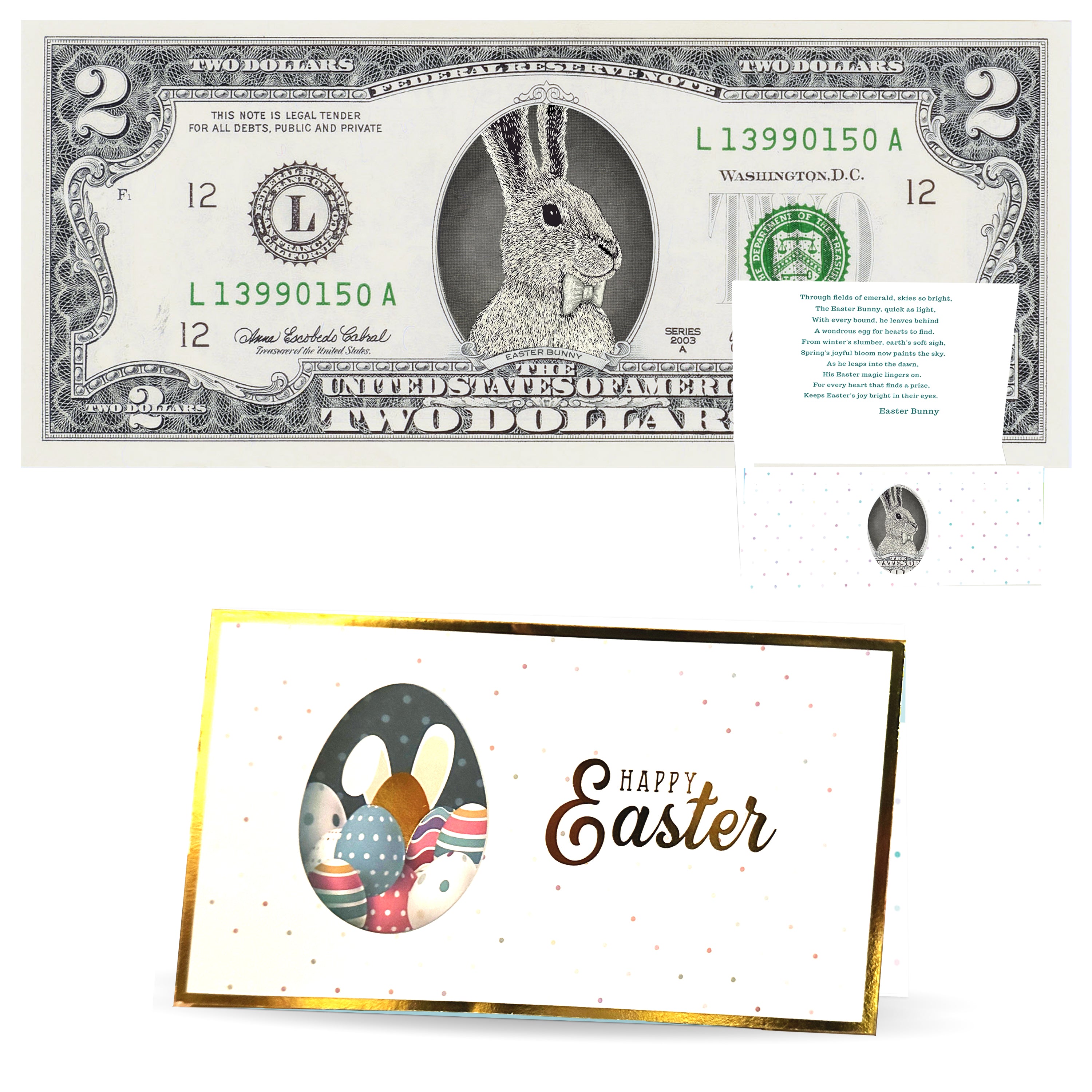 The Official Easter Bunny Dollar Bill. Real 2.0 USD. Each Bill Comes with an Easter Card and Currency Holder. Easter Basket Stuffer/Filler. Bunny Bucks - Bunny Money