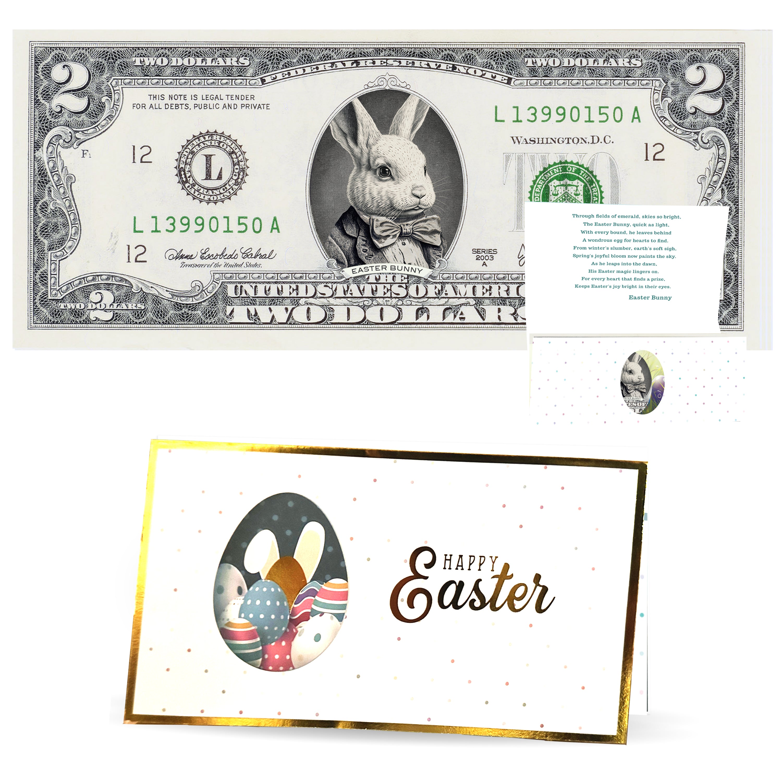 The Official Easter Bunny Dollar Bill. Real 2.0 USD V4 Peter Cottontail. Each Bill Comes with an Easter Card and Currency Holder. Easter Basket Stuffer/Filler. Bunny Buck - Bunny Money