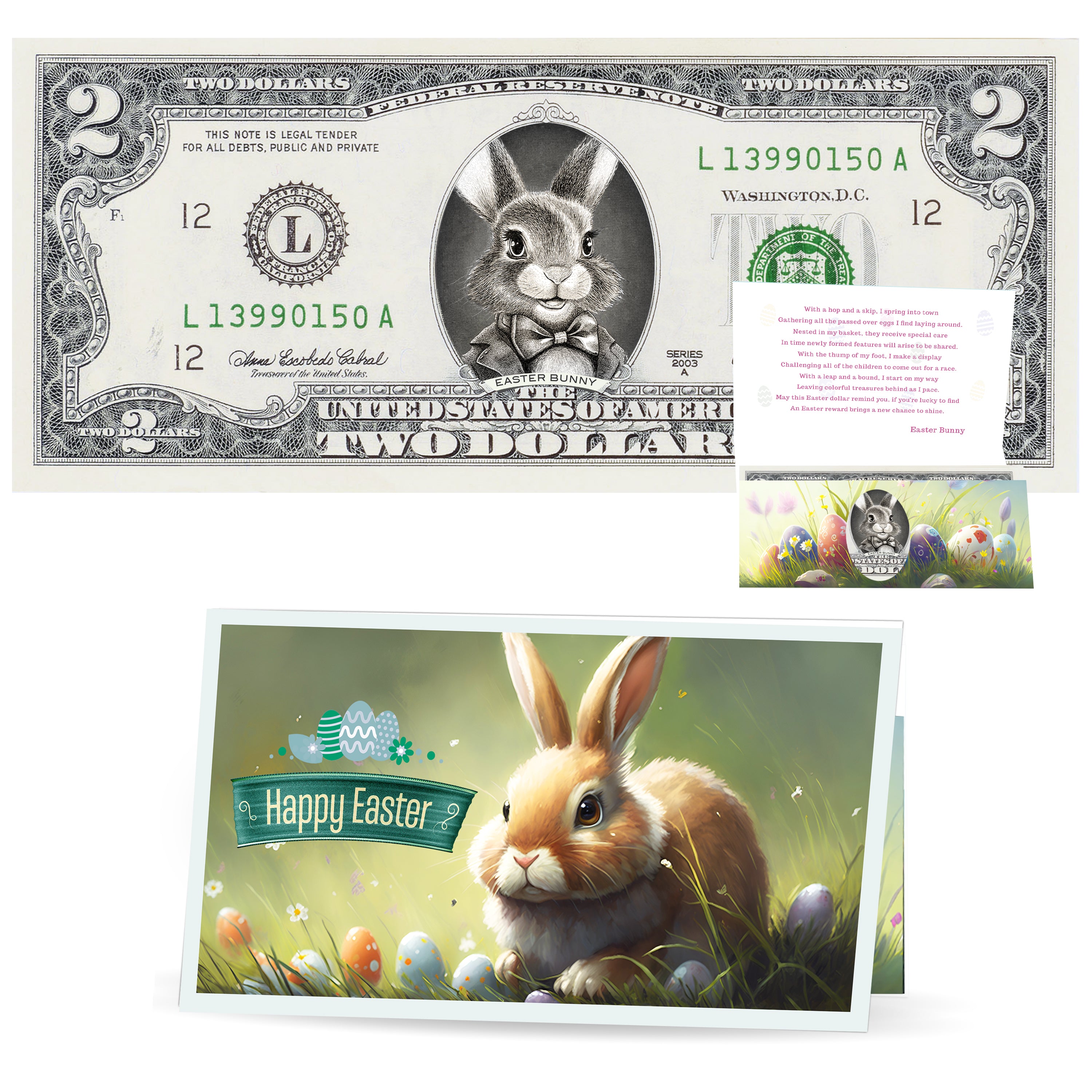 The Official Easter Bunny Dollar Bill. Real 2.0 USD. Each Bill Comes with an Easter Card and Currency Holder. Easter Basket Stuffer/Filler. Bunny Bucks - Bunny Money